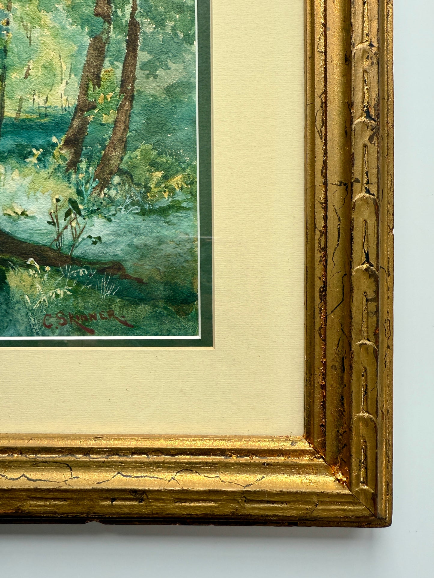 Sunny Place in the Woods Verdant Forest Landscape Watercolor Painting in Gold Frame
