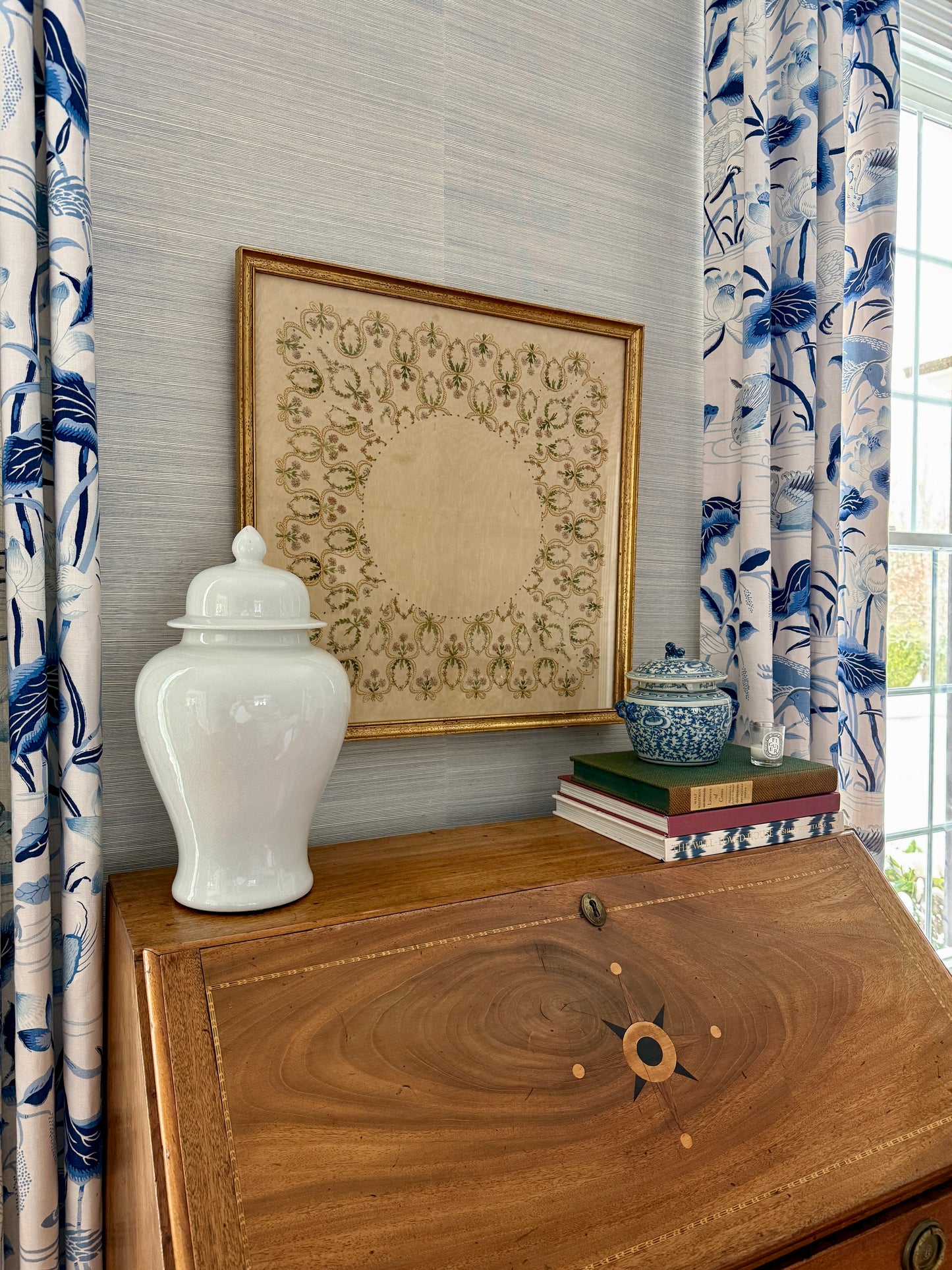 19th Century Intricate Floral Embroidery on Silk Moire in Gold Frame