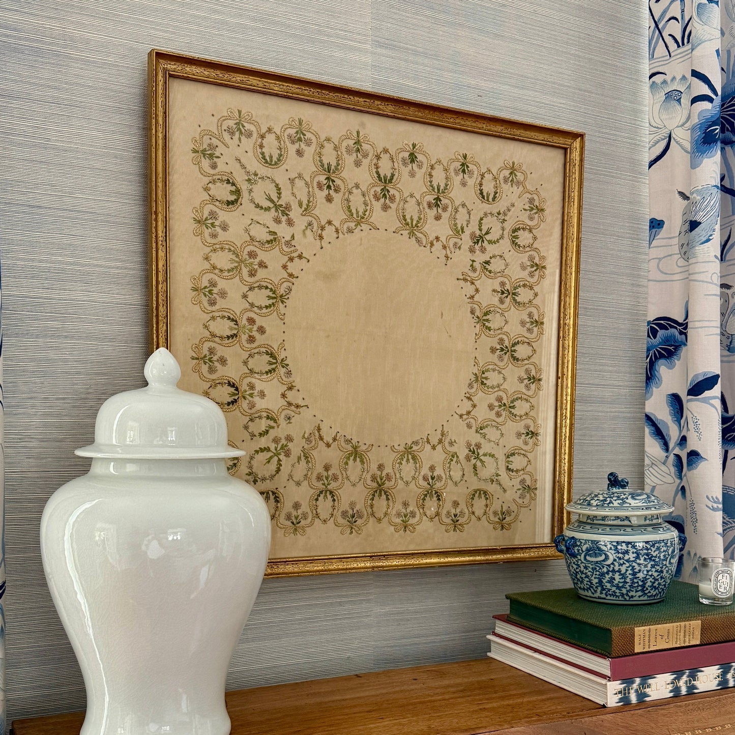 19th Century Intricate Floral Embroidery on Silk Moire in Gold Frame