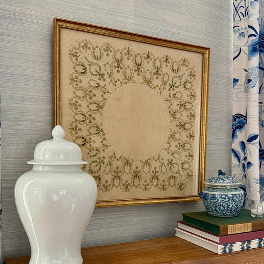 19th Century Intricate Floral Embroidery on Silk Moire in Gold Frame
