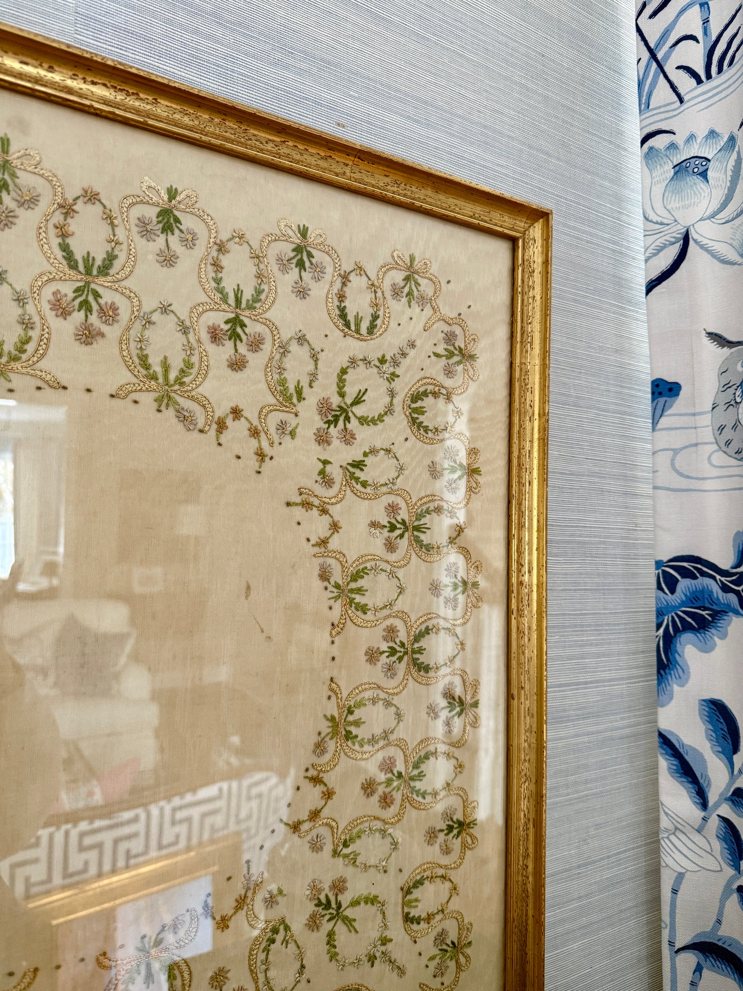 19th Century Intricate Floral Embroidery on Silk Moire in Gold Frame