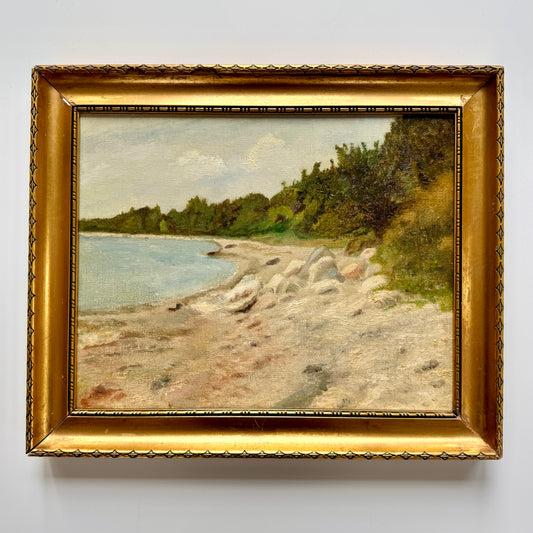 Vintage Wooded Coastal Landscape Oil Painting in Scalloped Gold Frame