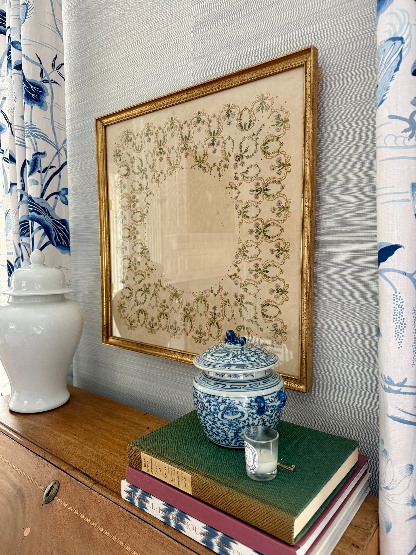19th Century Intricate Floral Embroidery on Silk Moire in Gold Frame