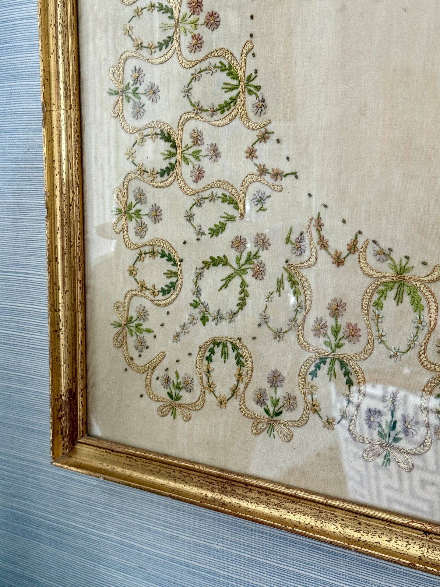 19th Century Intricate Floral Embroidery on Silk Moire in Gold Frame