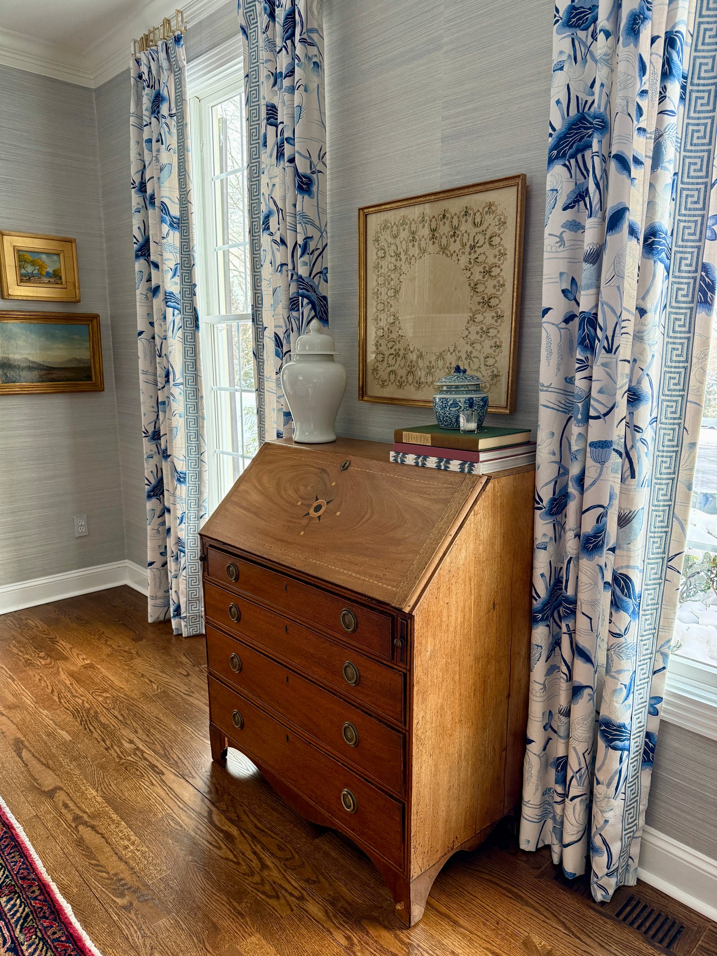 19th Century Intricate Floral Embroidery on Silk Moire in Gold Frame