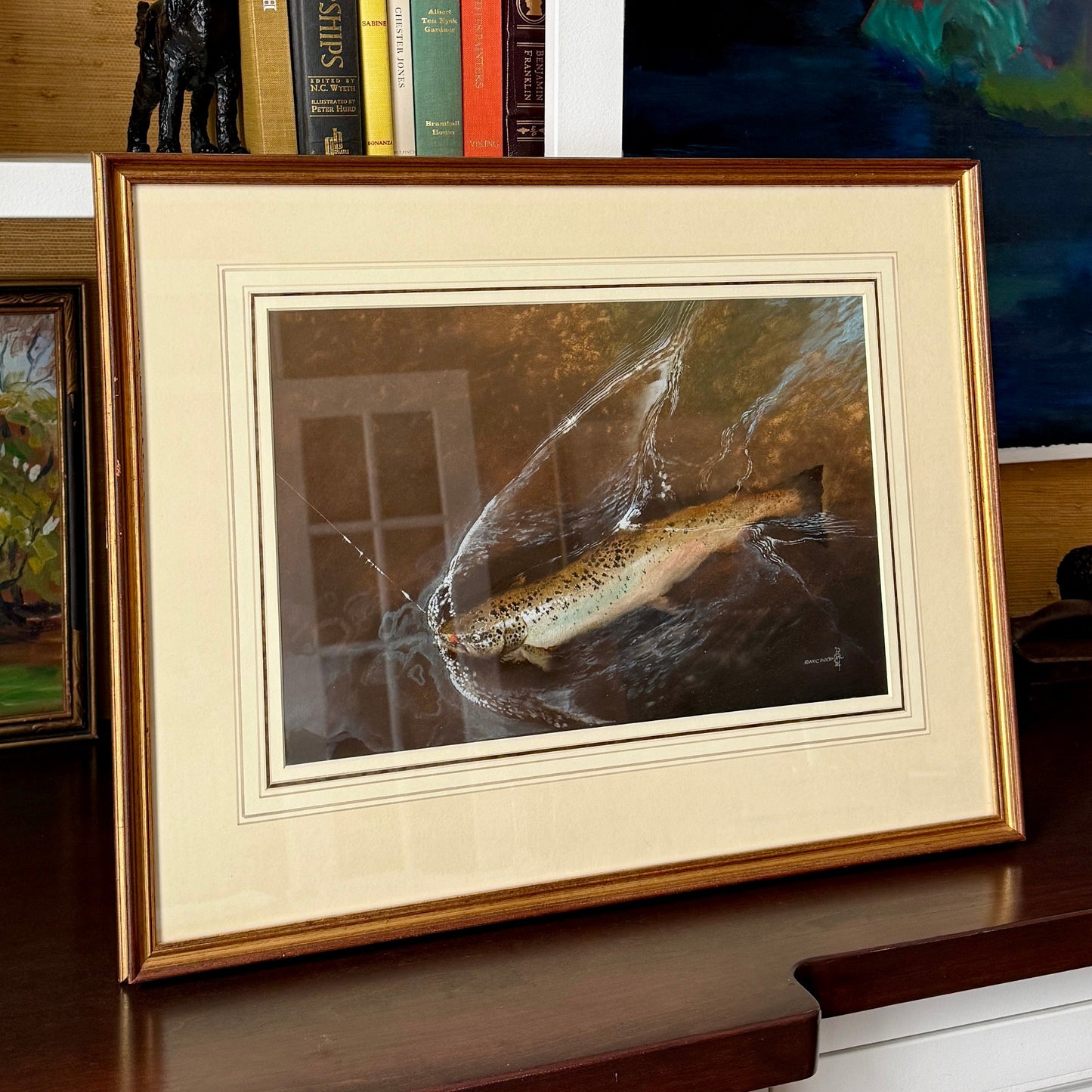 Atlantic Salmon Catch Oil Painting Realist Portrait in Gold Frame