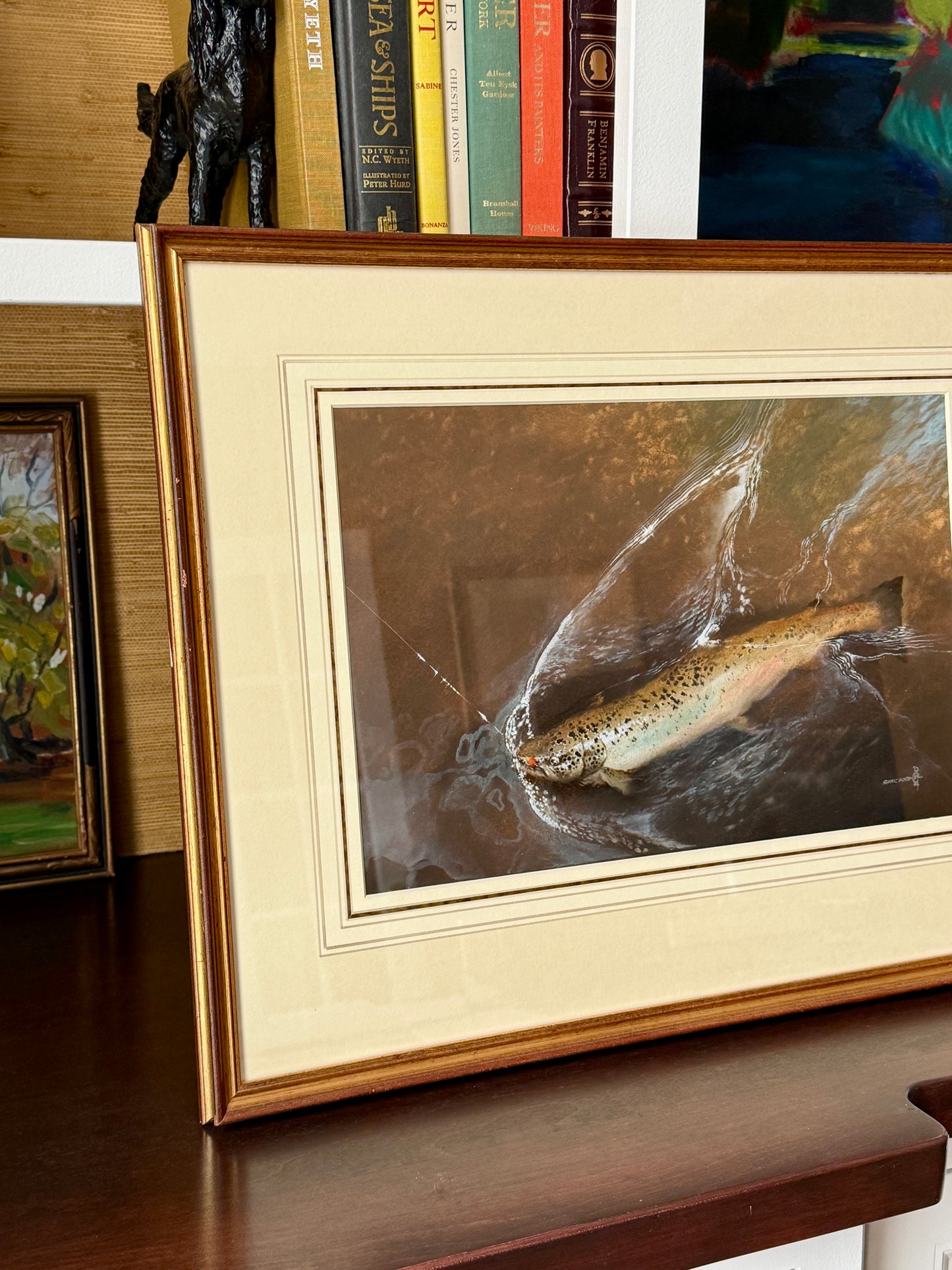 Atlantic Salmon Catch Oil Painting Realist Portrait in Gold Frame