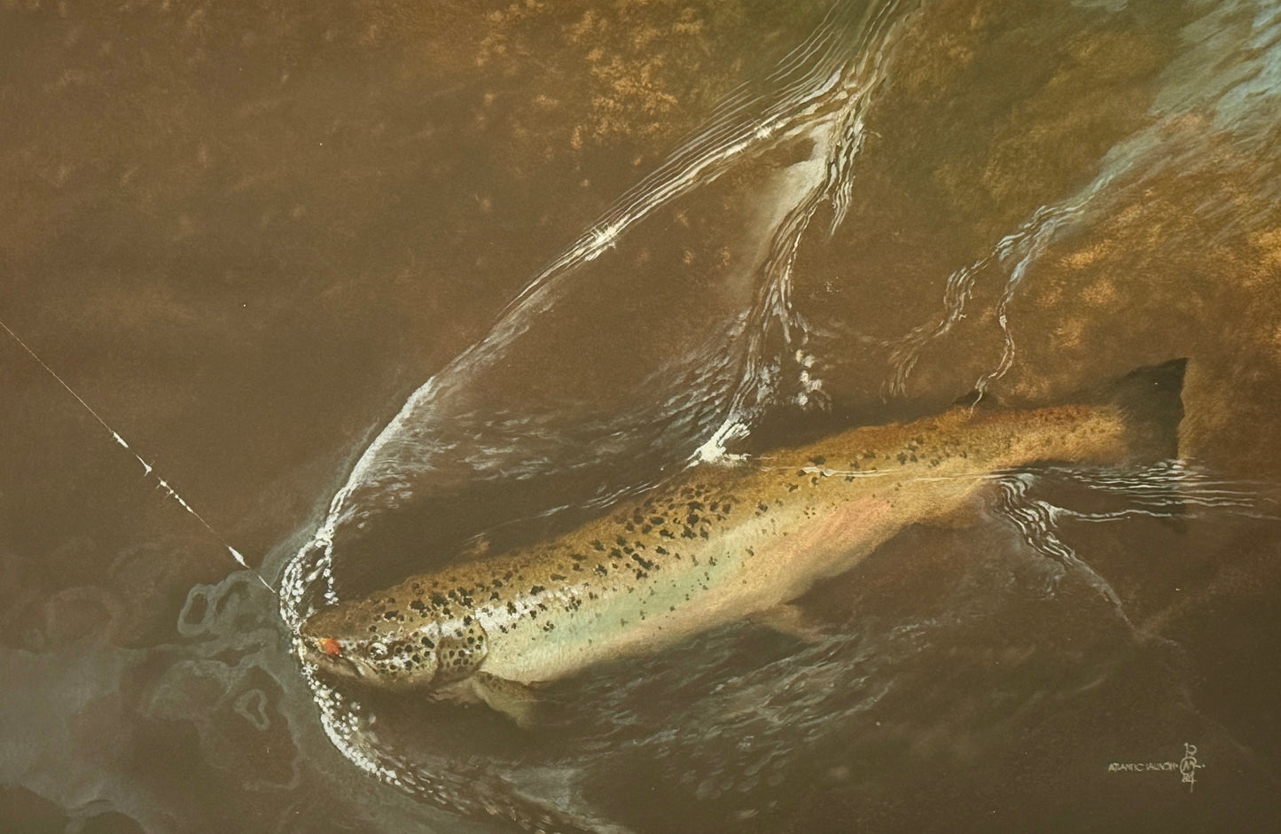 Atlantic Salmon Catch Oil Painting Realist Portrait in Gold Frame
