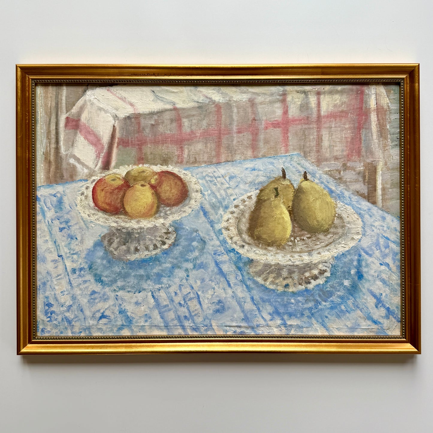 Apples and Pears in Reticulated Porcelain Compotes Still Life Oil Painting in Gold Frame