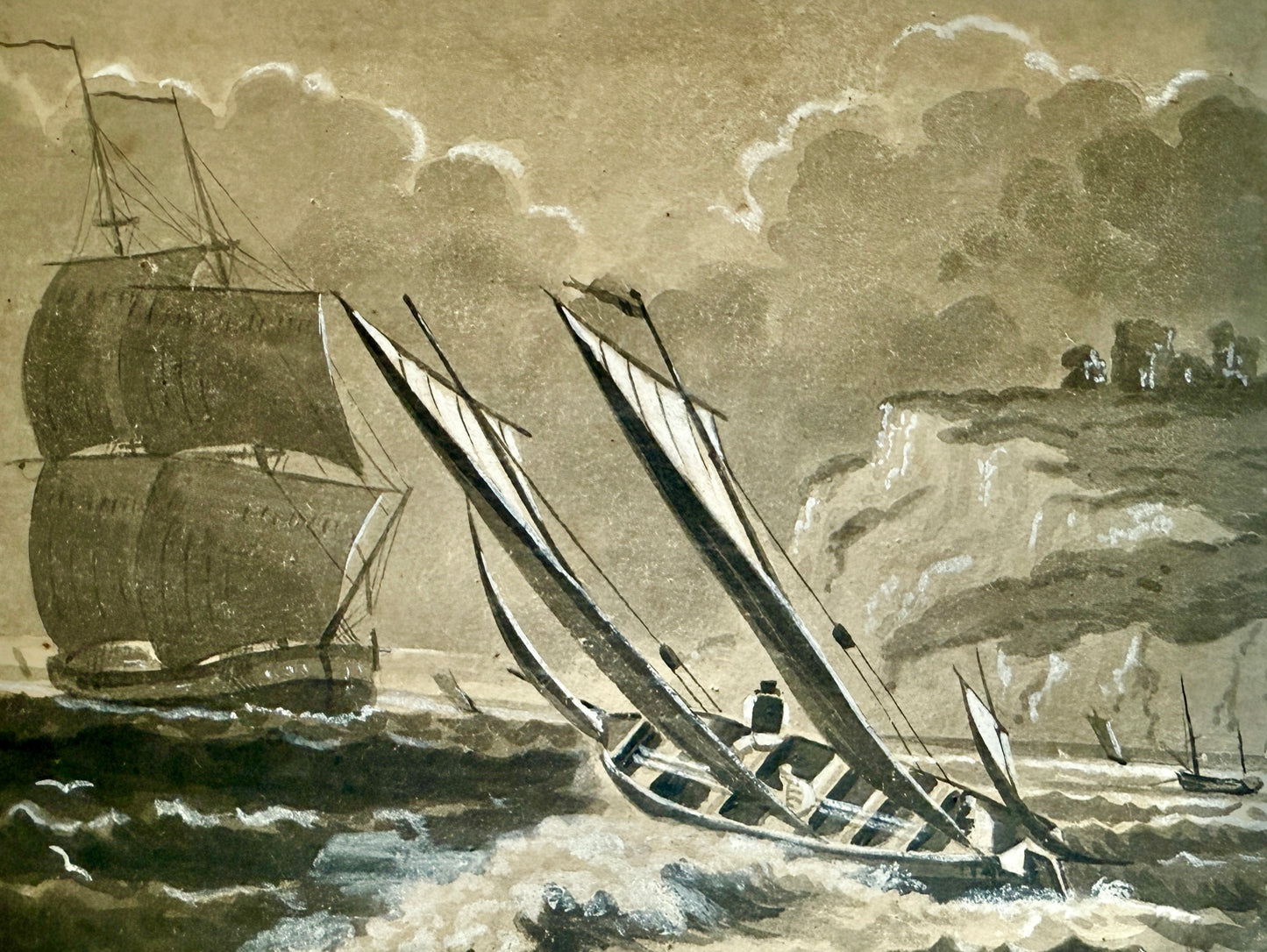 1872 Rough Seas Ships in Seascape Tonal Watercolor Painting in Red Lacquered Frame