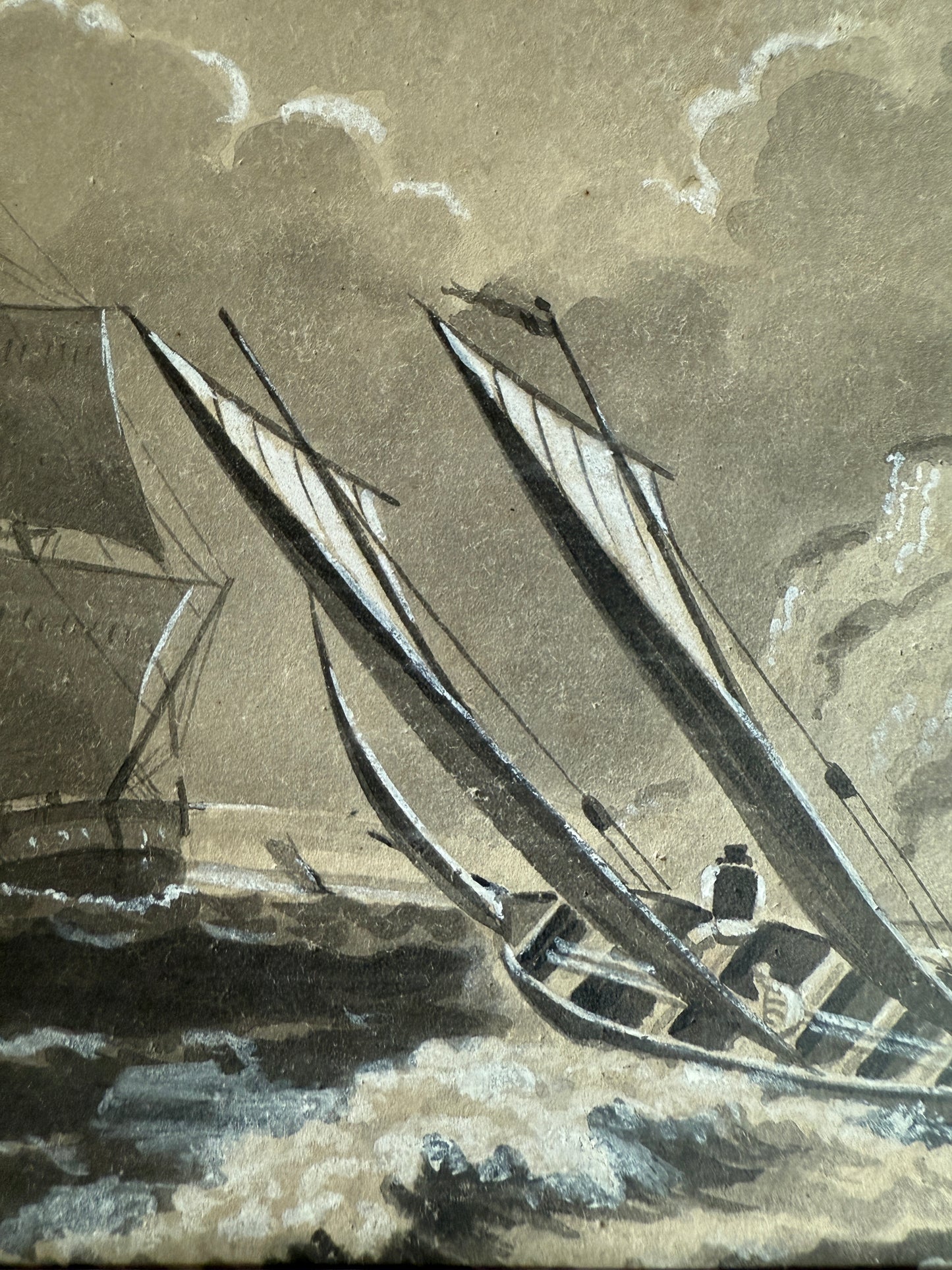 1872 Rough Seas Ships in Seascape Tonal Watercolor Painting in Red Lacquered Frame