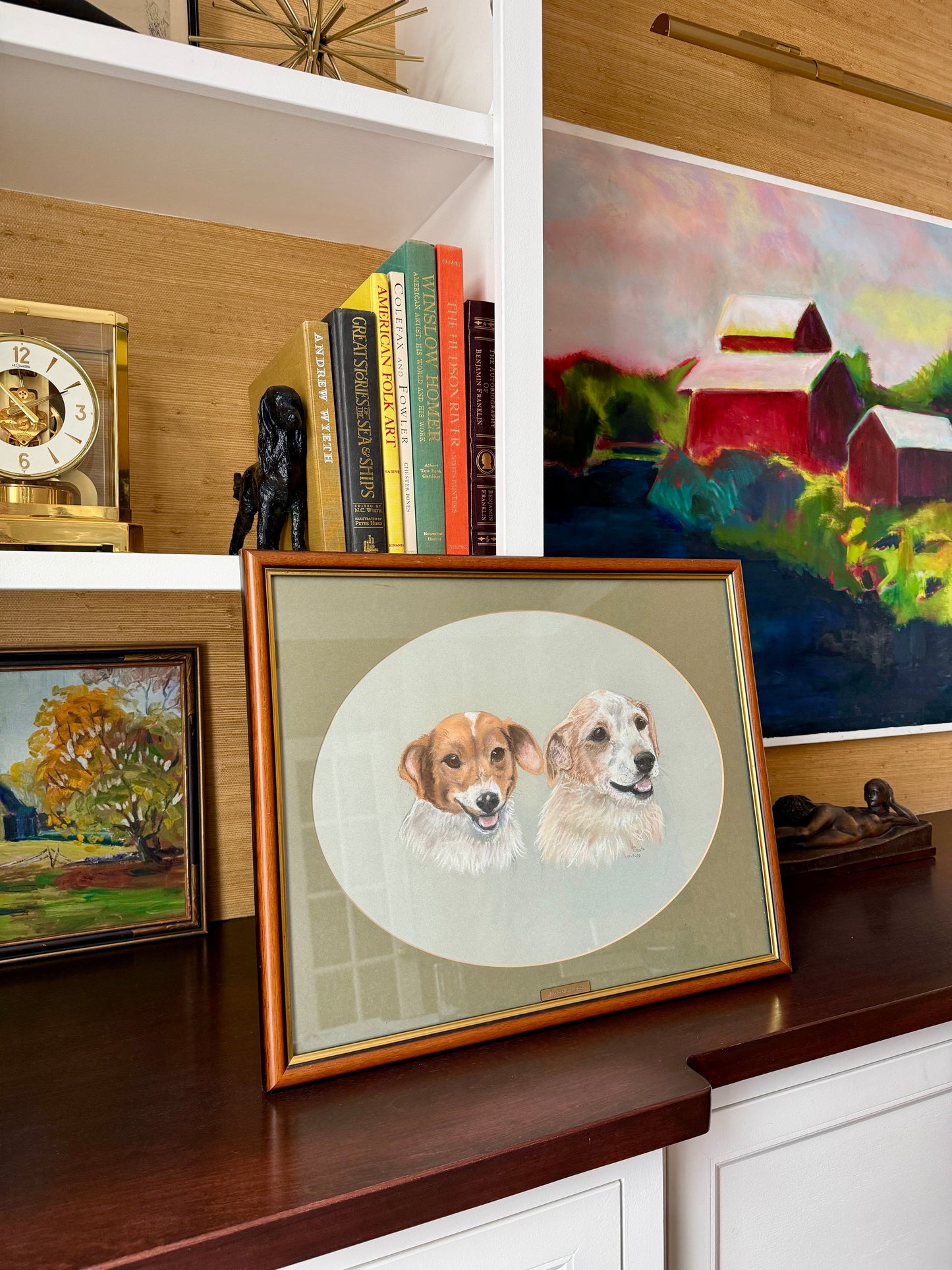 Happy Pair Vintage Dog Terrier Pastel Portrait in Gold and Wood Frame