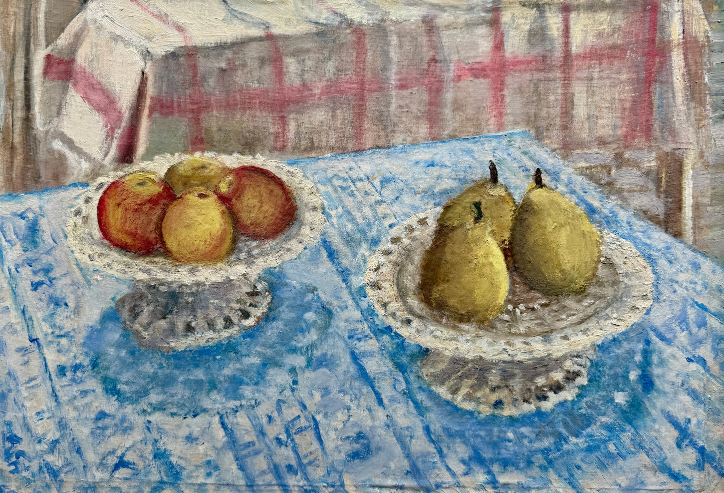 Apples and Pears in Reticulated Porcelain Compotes Still Life Oil Painting in Gold Frame
