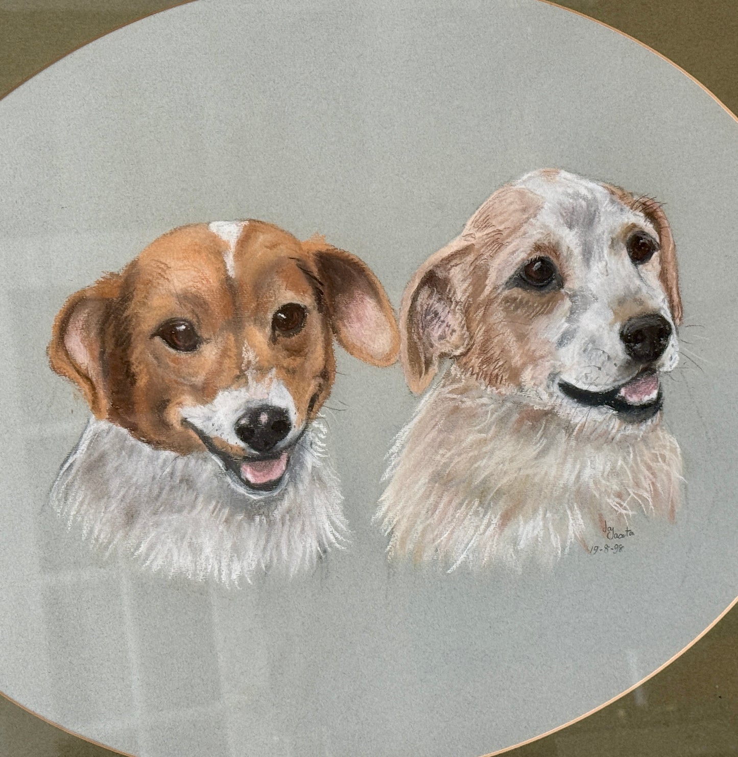 Happy Pair Vintage Dog Terrier Pastel Portrait in Gold and Wood Frame