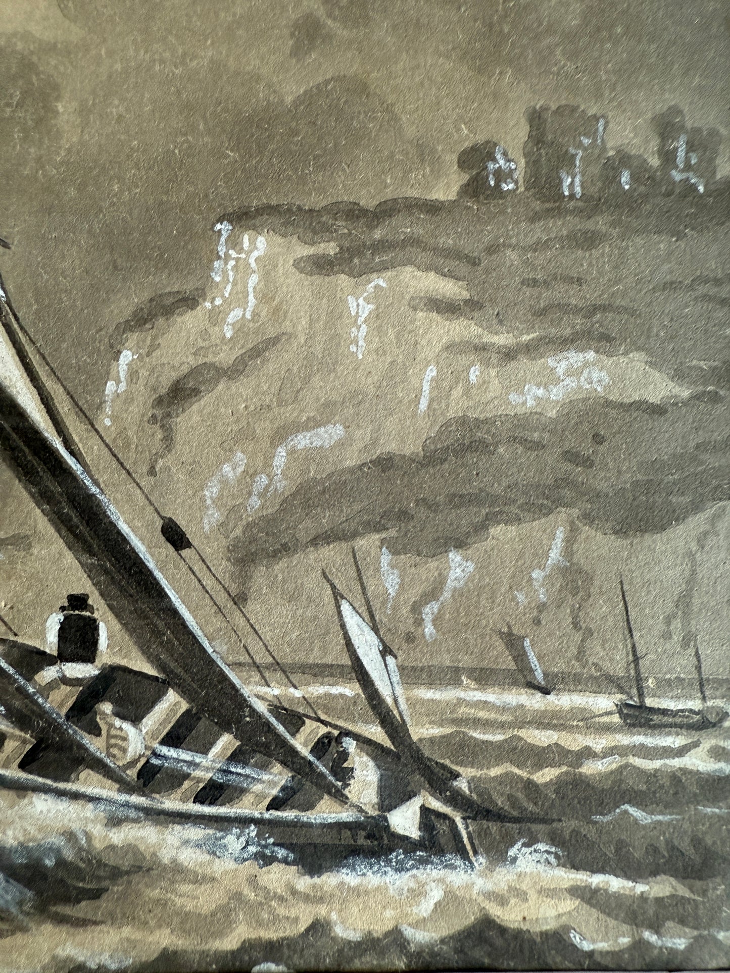 1872 Rough Seas Ships in Seascape Tonal Watercolor Painting in Red Lacquered Frame