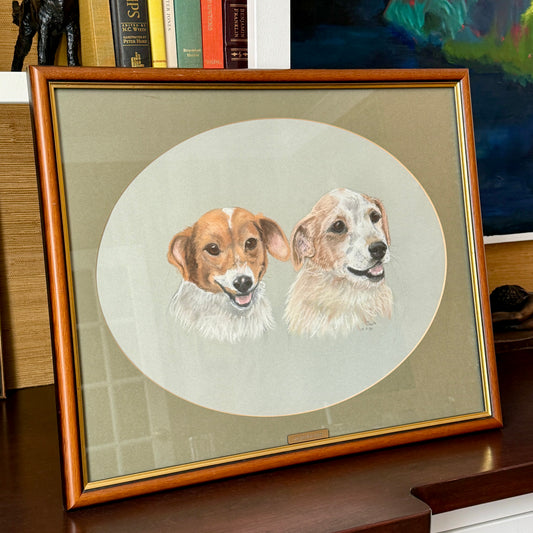Happy Pair Vintage Dog Terrier Pastel Portrait in Gold and Wood Frame