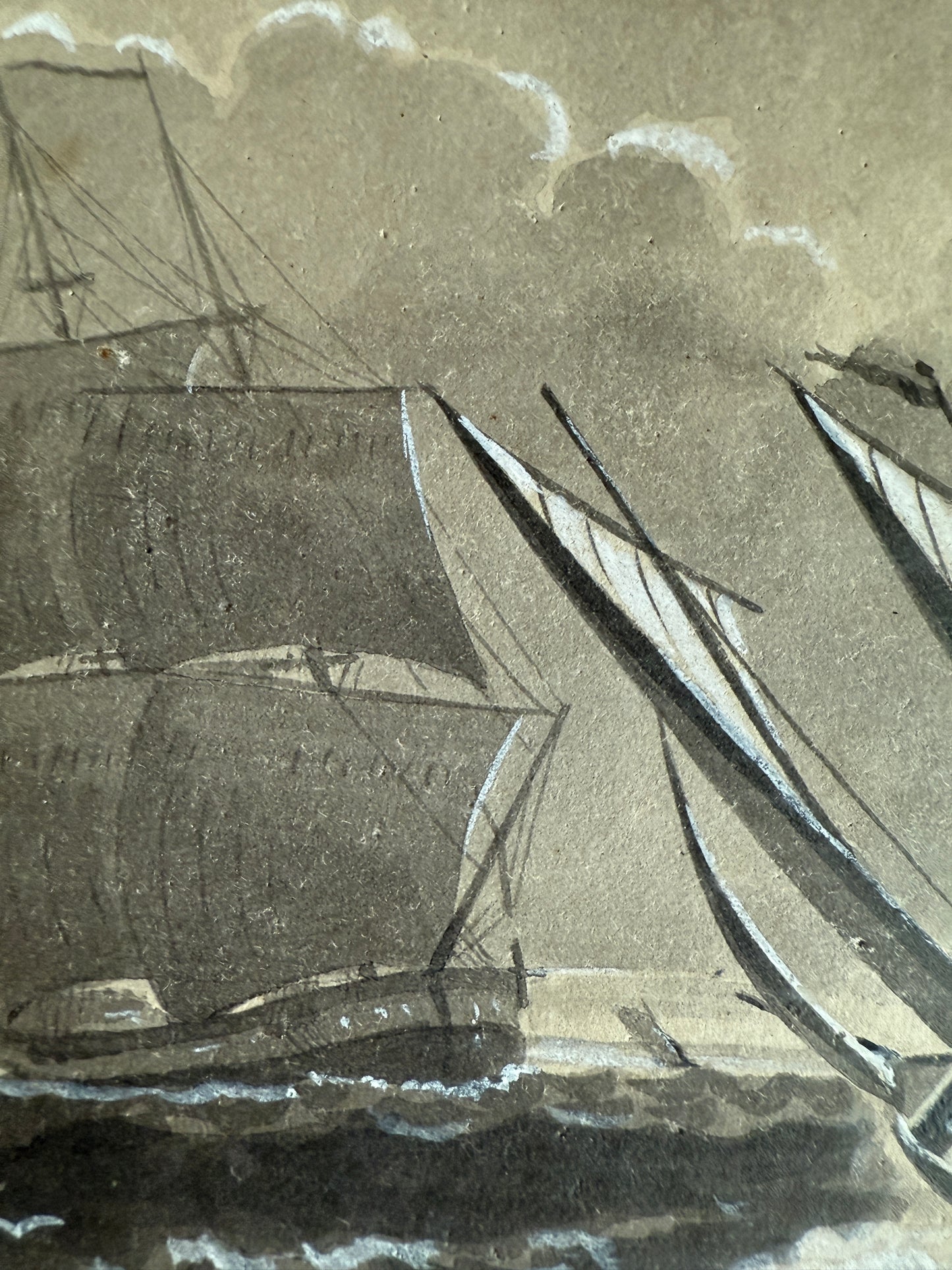 1872 Rough Seas Ships in Seascape Tonal Watercolor Painting in Red Lacquered Frame
