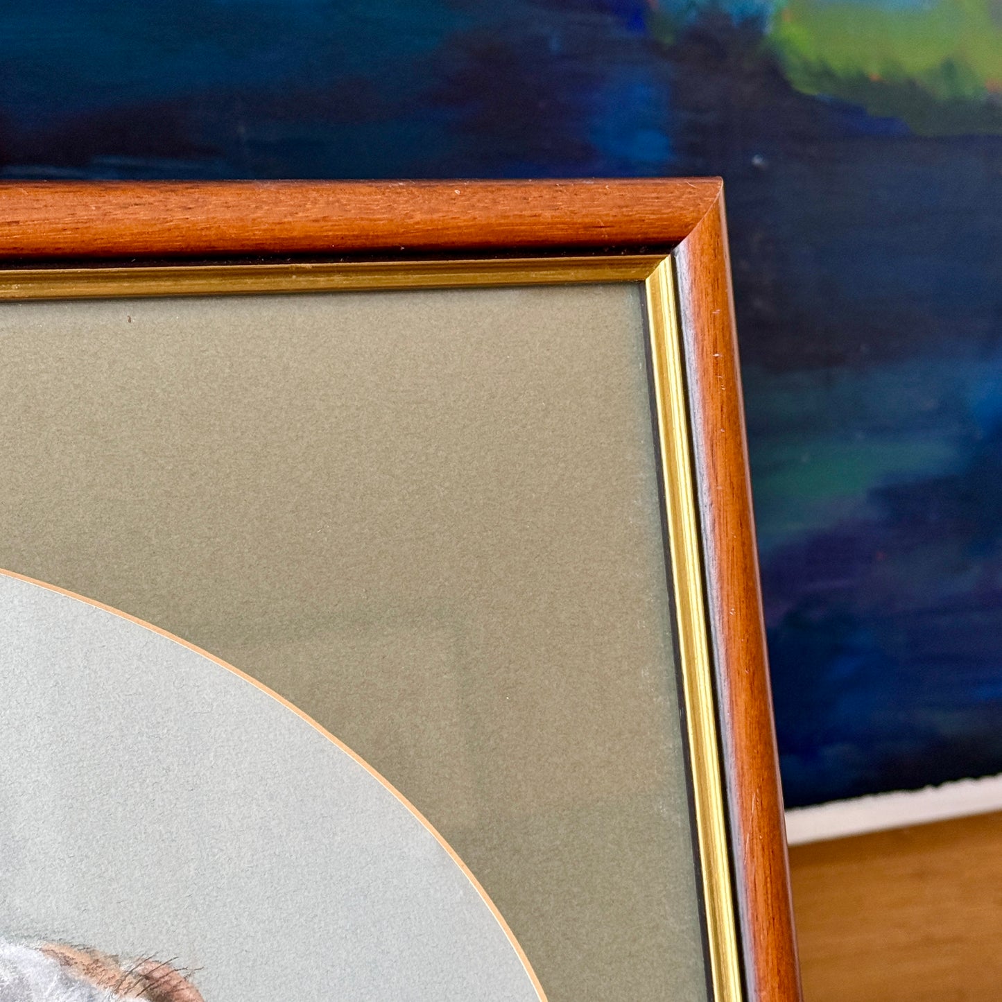 Happy Pair Vintage Dog Terrier Pastel Portrait in Gold and Wood Frame