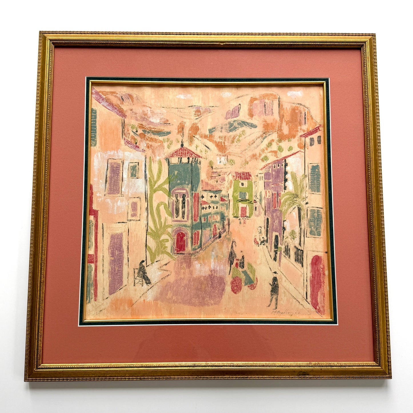 After Charles Cobelle 1962 Colorful European Pink Cityscape Gouache Painting in Gold Frame