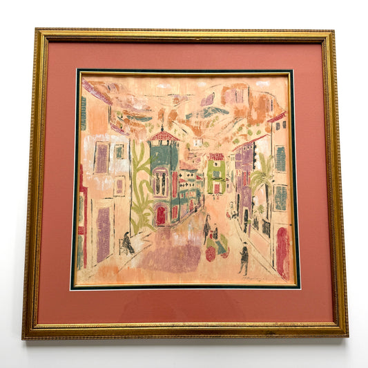 After Charles Cobelle 1962 Colorful European Pink Cityscape Gouache Painting in Gold Frame