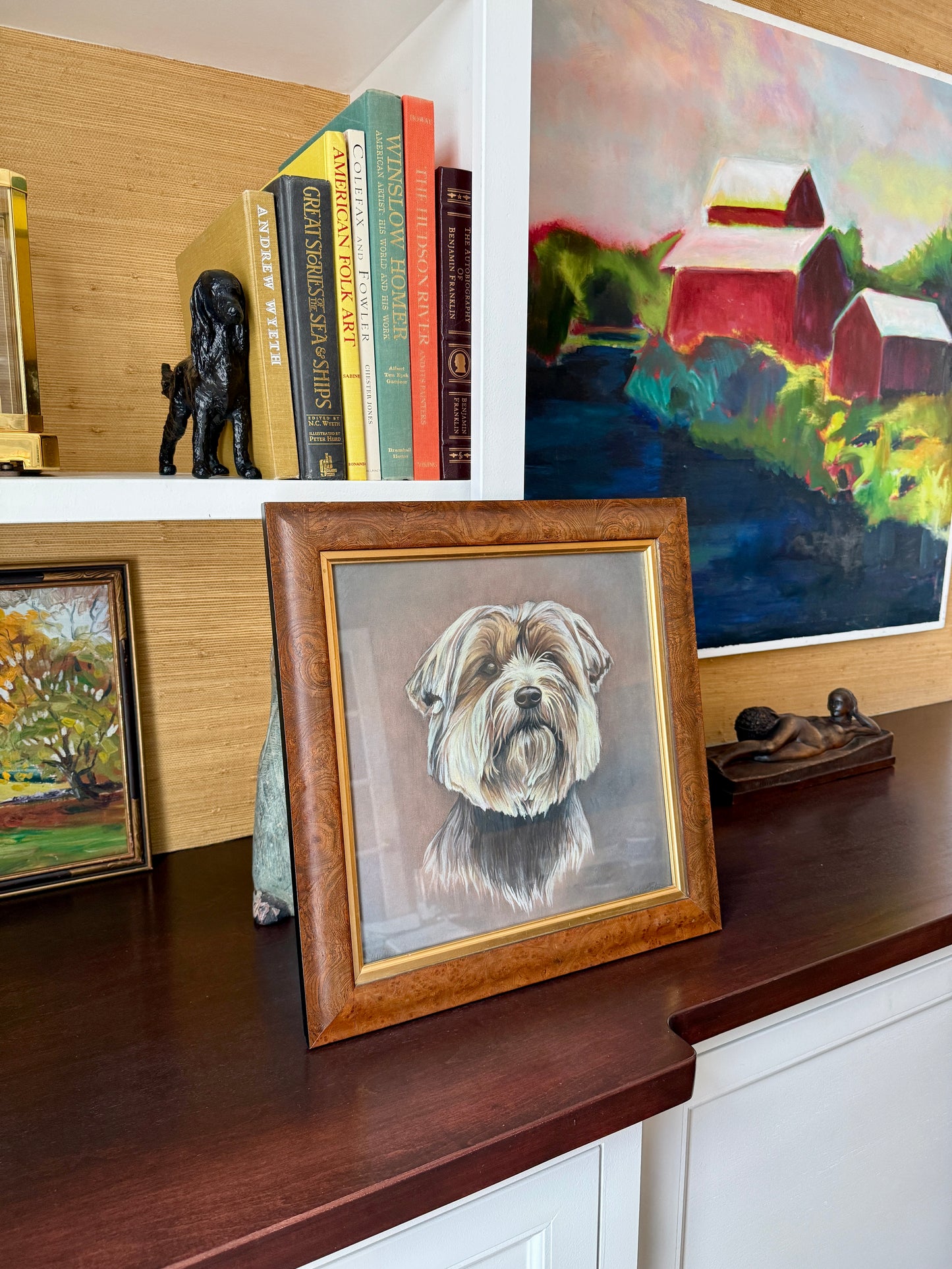 Yorkshire "Yorkie" Terrier Gouache Painting Dog Portrait in Burled Wood Frame