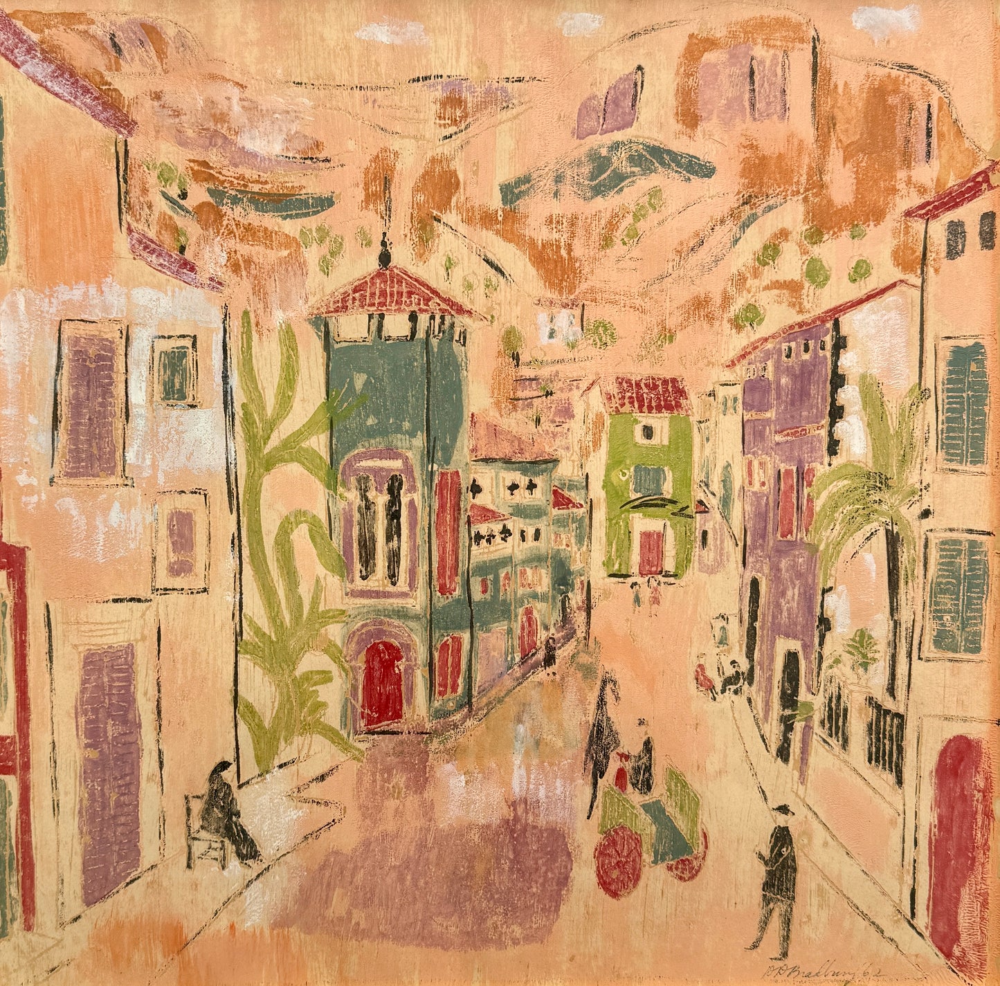 After Charles Cobelle 1962 Colorful European Pink Cityscape Gouache Painting in Gold Frame