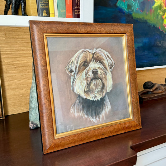 Yorkshire "Yorkie" Terrier Gouache Painting Dog Portrait in Burled Wood Frame
