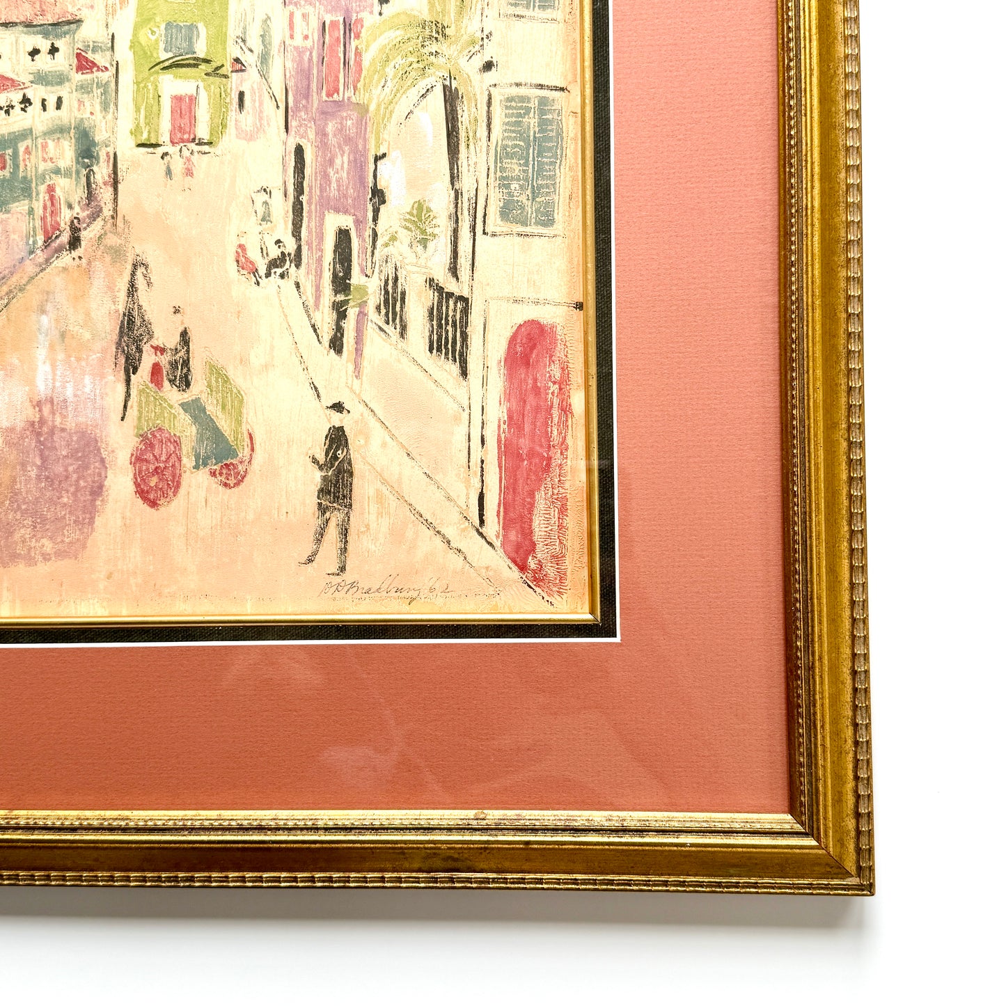 After Charles Cobelle 1962 Colorful European Pink Cityscape Gouache Painting in Gold Frame