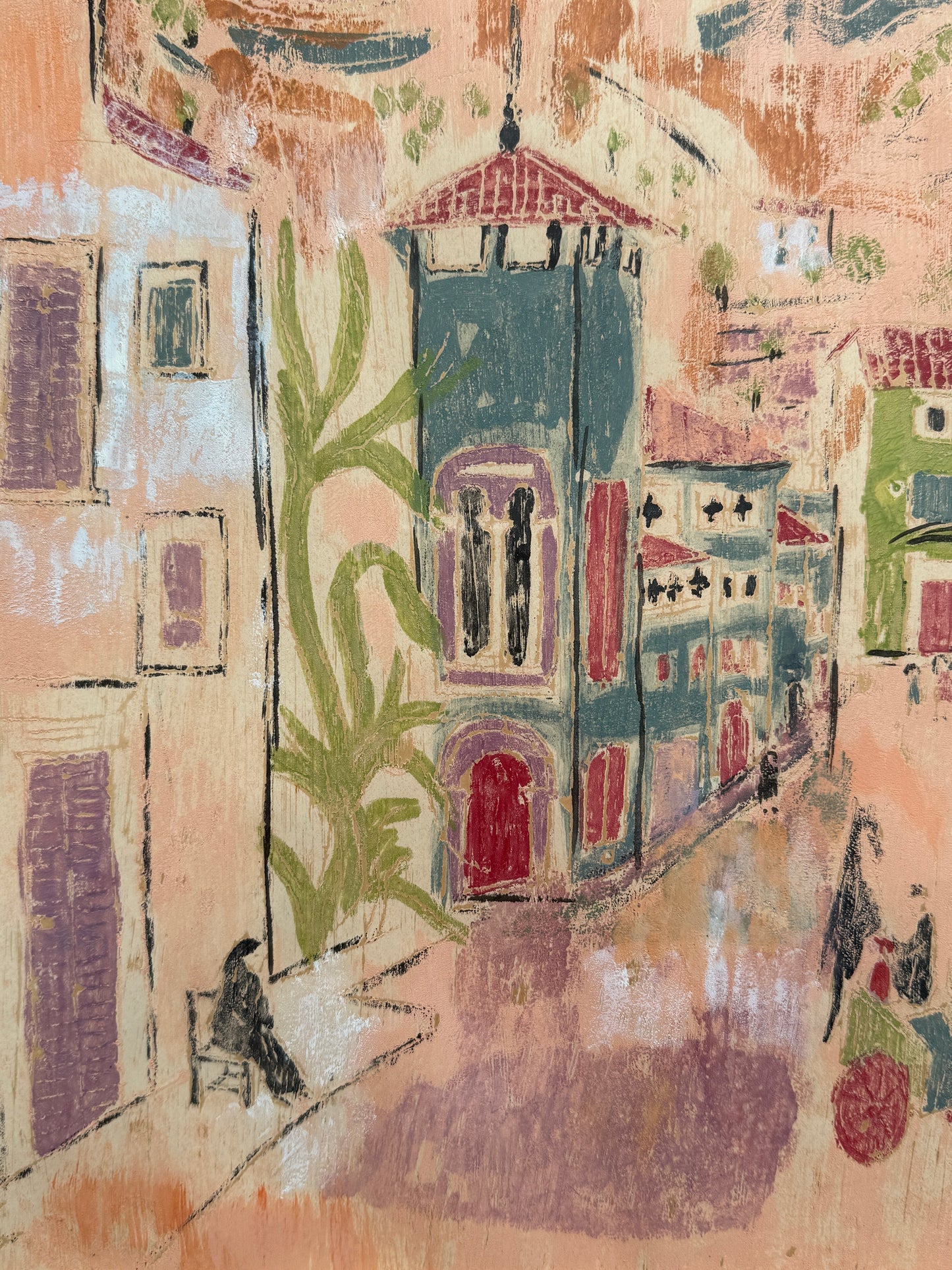 After Charles Cobelle 1962 Colorful European Pink Cityscape Gouache Painting in Gold Frame