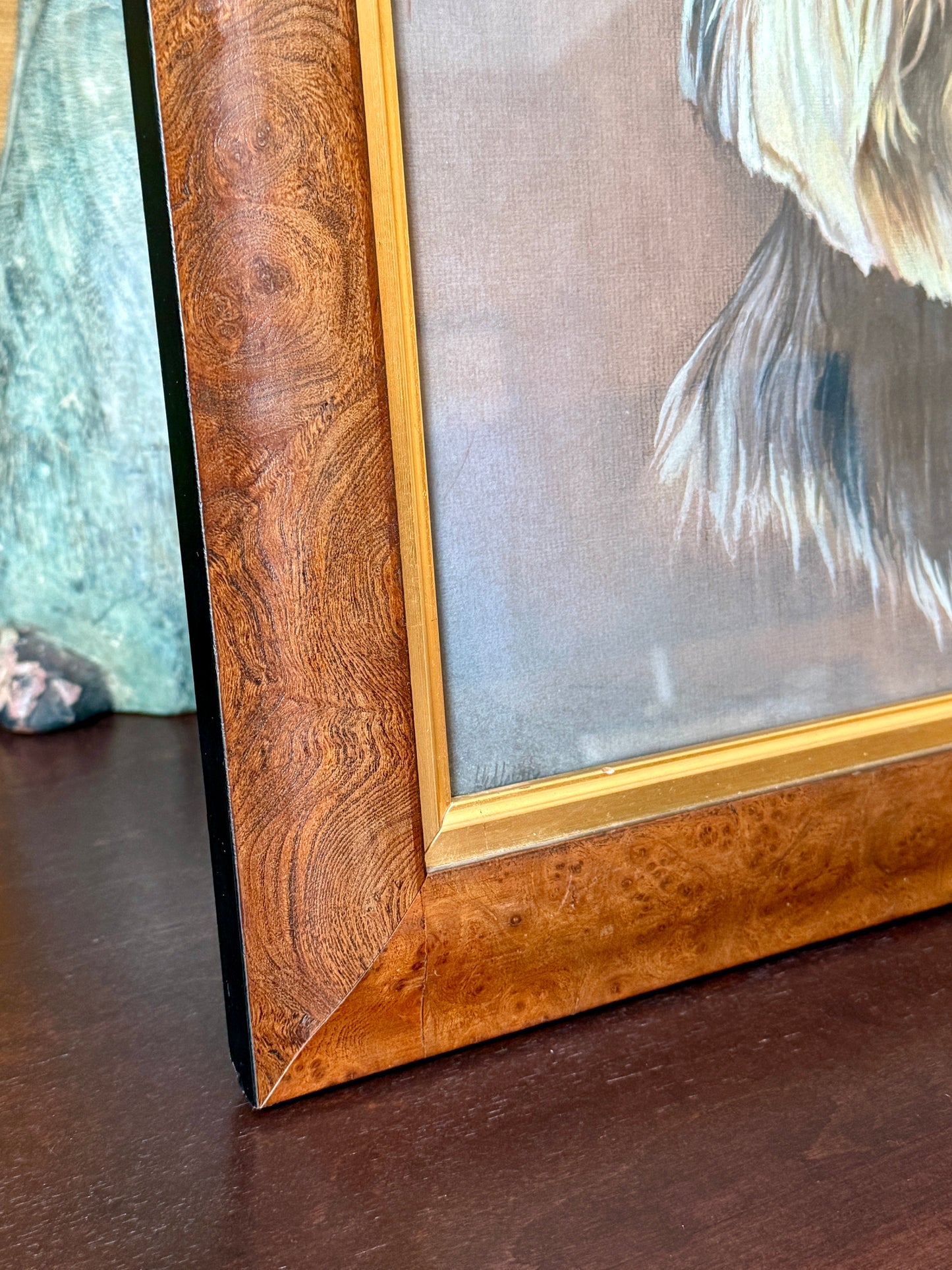 Yorkshire "Yorkie" Terrier Gouache Painting Dog Portrait in Burled Wood Frame