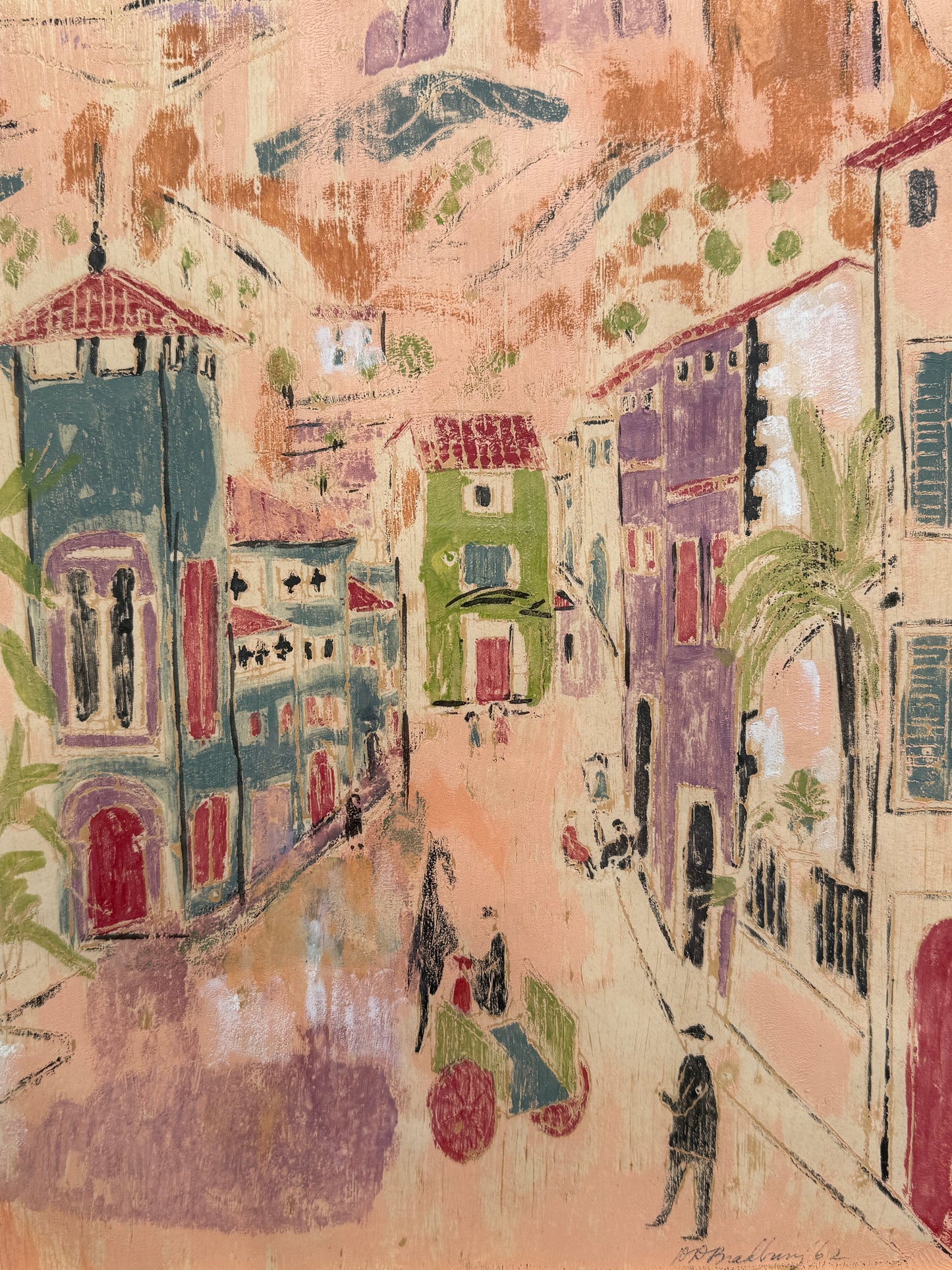 After Charles Cobelle 1962 Colorful European Pink Cityscape Gouache Painting in Gold Frame