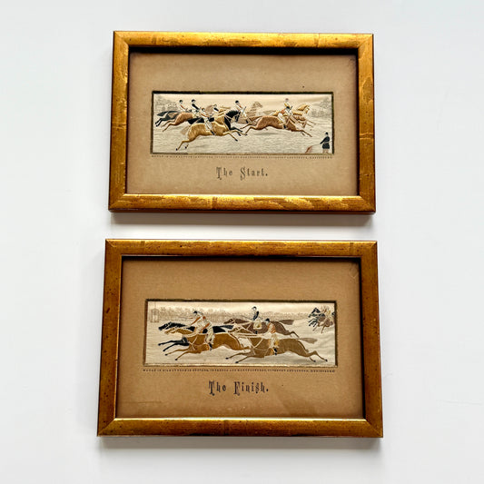 Pair of 19th Century Thomas Stevens Silk Embroidered Horse and Jockey Racing Scenes