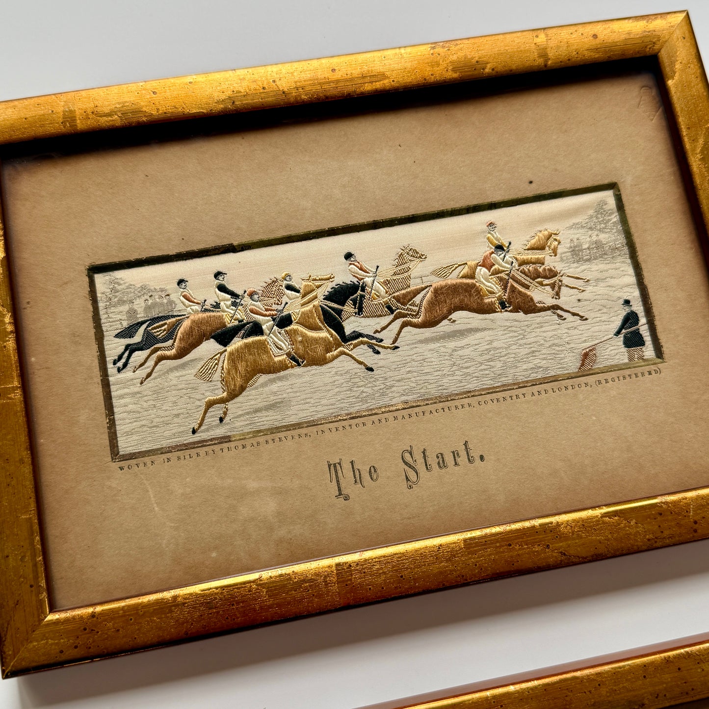 Pair of 19th Century Thomas Stevens Silk Embroidered Horse and Jockey Racing Scenes
