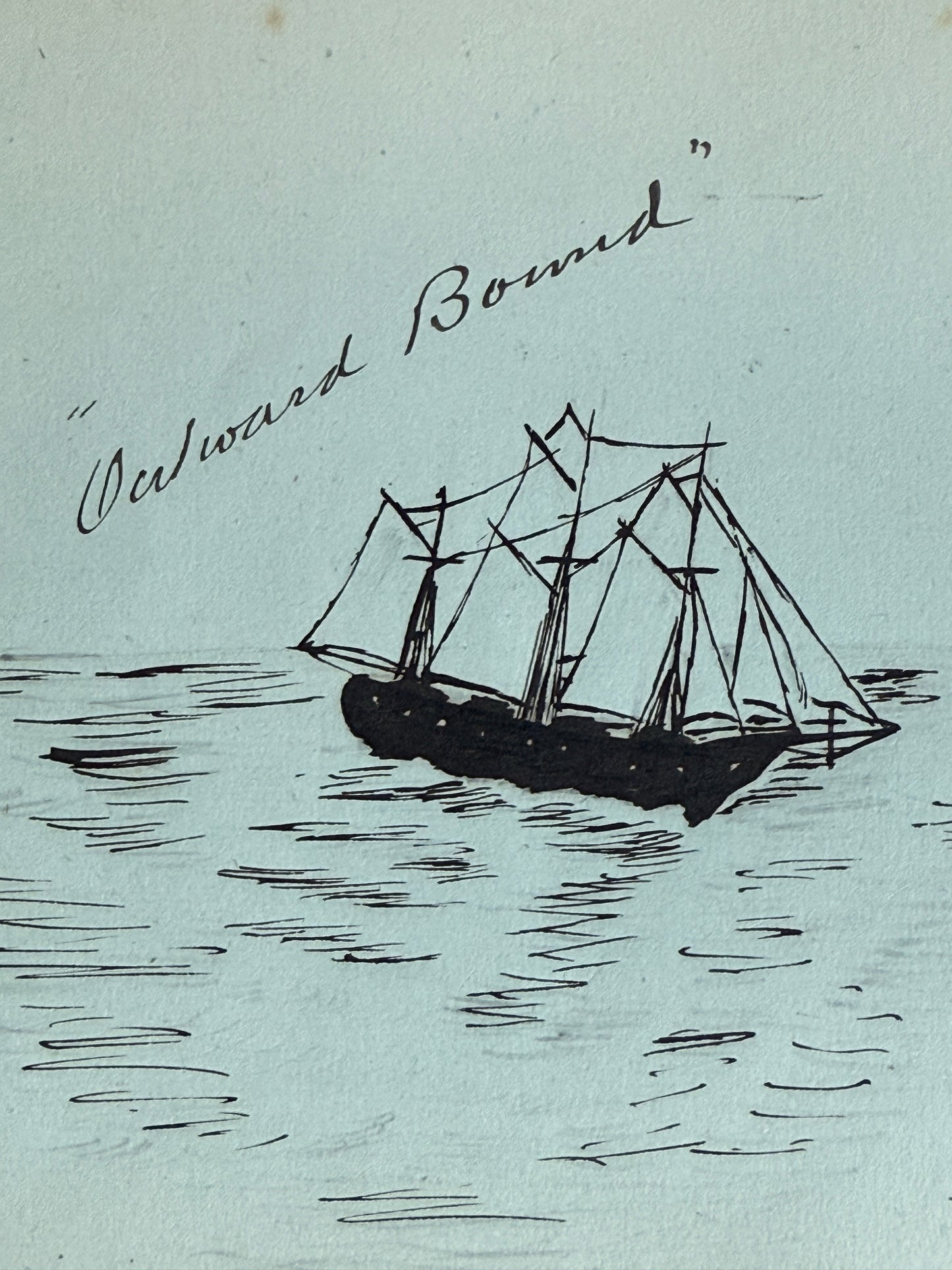 1906 Outward Bound Antique Ship Portrait Drawing in Red Lacquered Frame