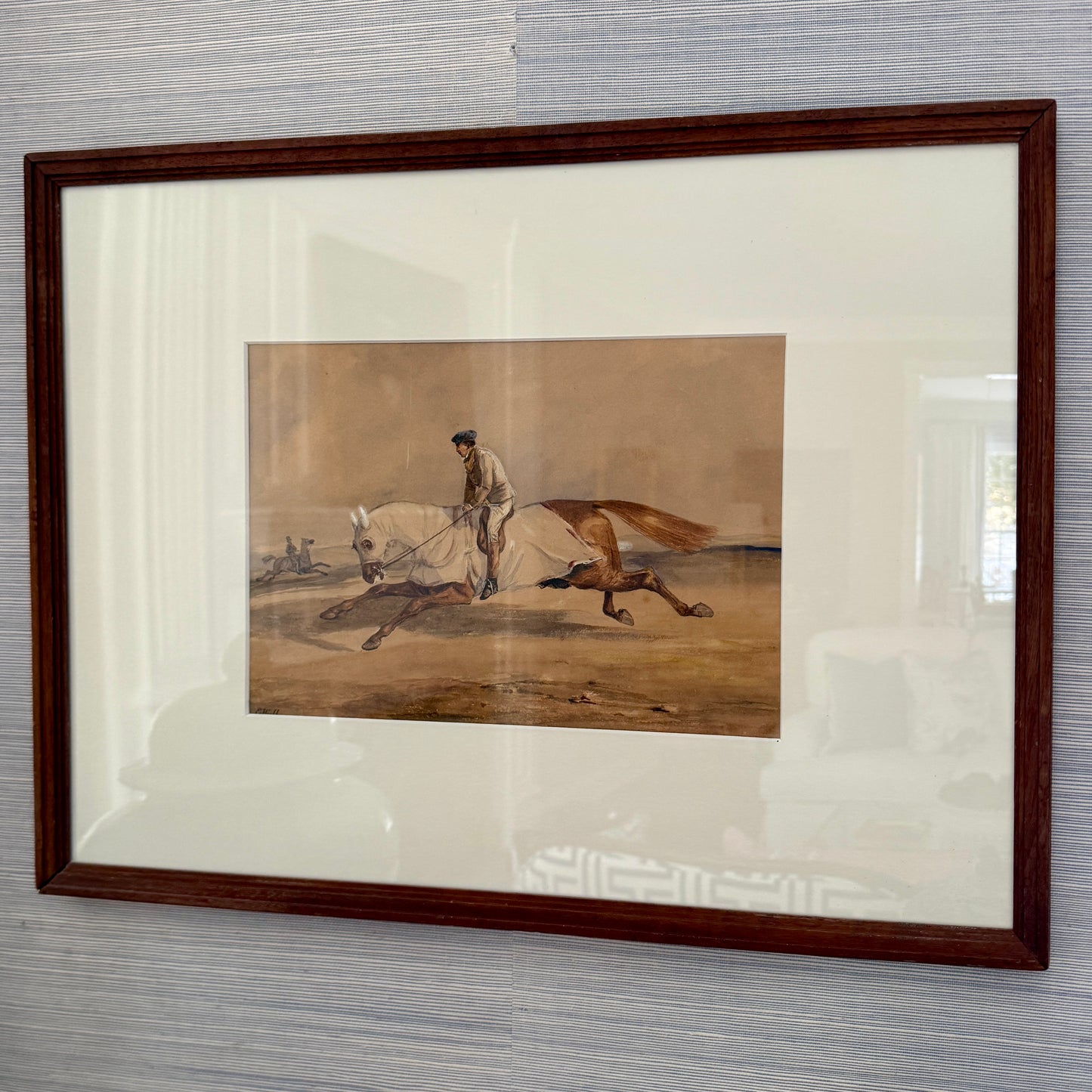 Edward Hull 19th Century Watercolor Jockey and Horse Portrait Painting in Wood Frame
