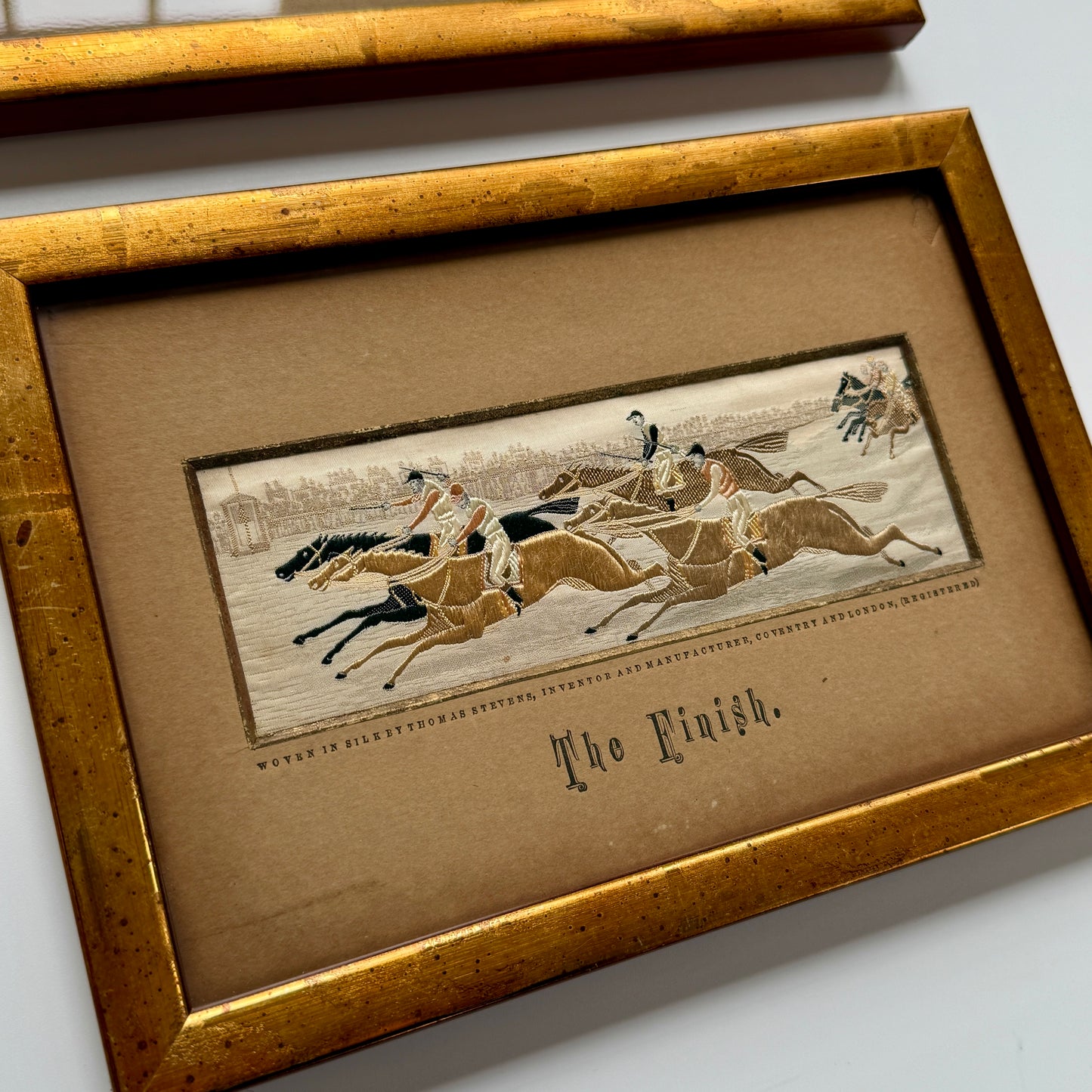 Pair of 19th Century Thomas Stevens Silk Embroidered Horse and Jockey Racing Scenes