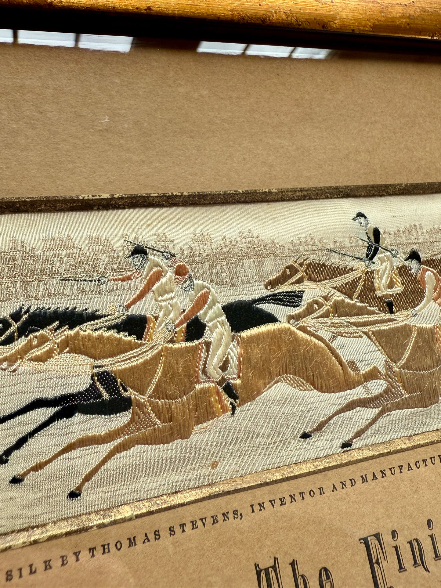 Pair of 19th Century Thomas Stevens Silk Embroidered Horse and Jockey Racing Scenes