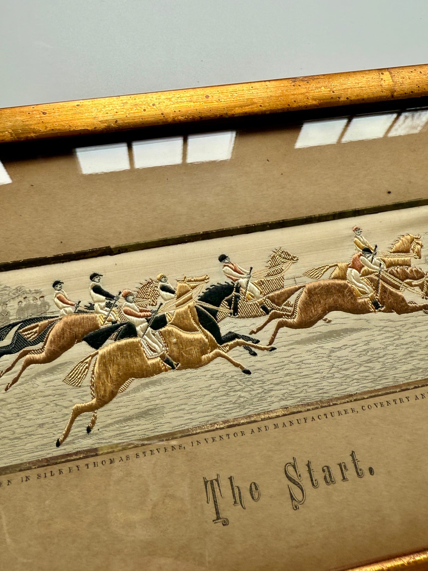 Pair of 19th Century Thomas Stevens Silk Embroidered Horse and Jockey Racing Scenes