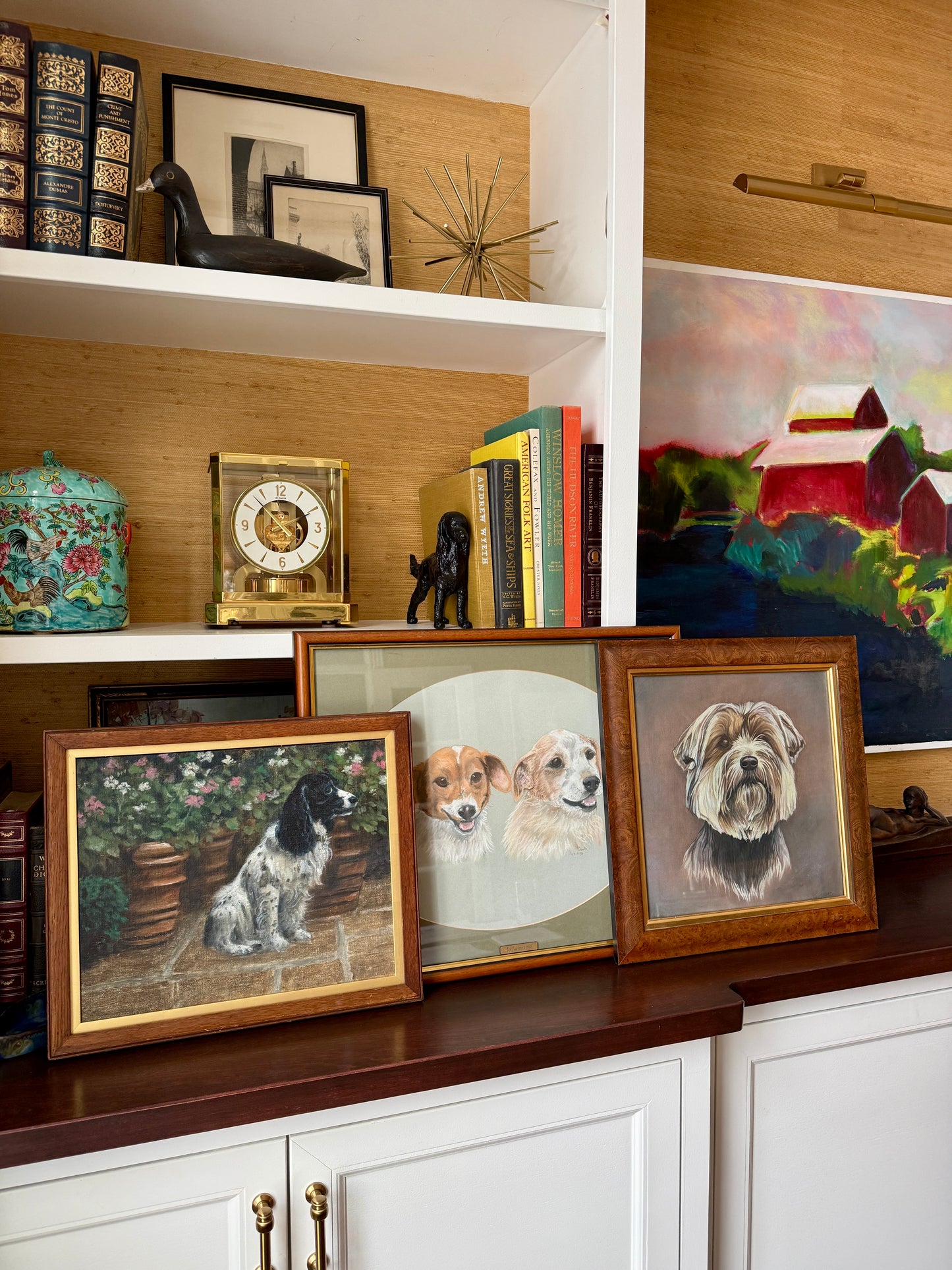 Happy Pair Vintage Dog Terrier Pastel Portrait in Gold and Wood Frame