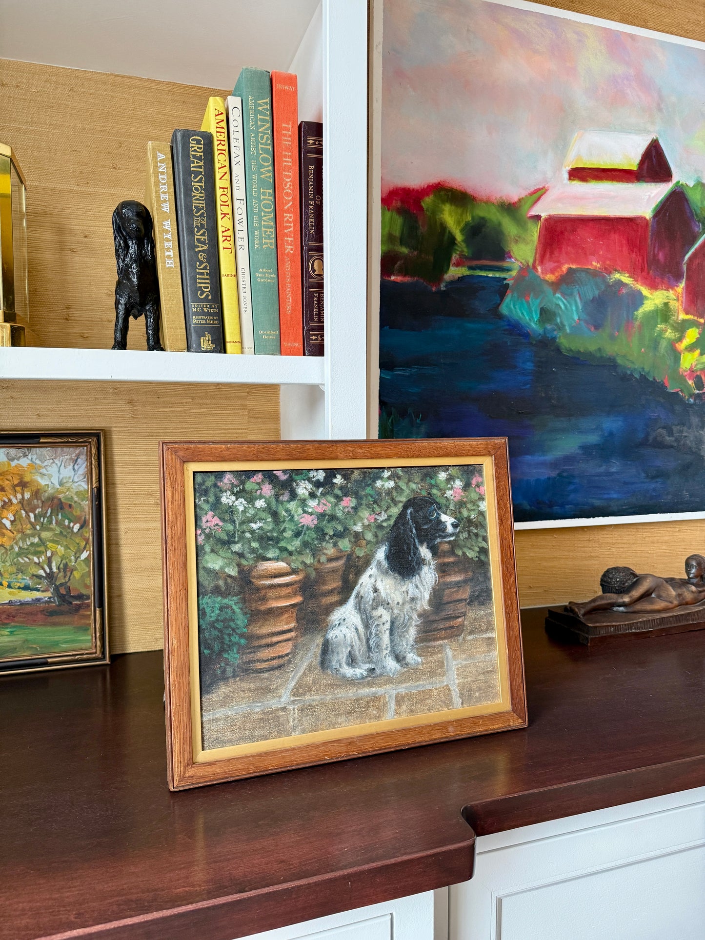 Springer Spaniel in the Garden Oil Painting Dog Portrait in Wood and Gilded Frame