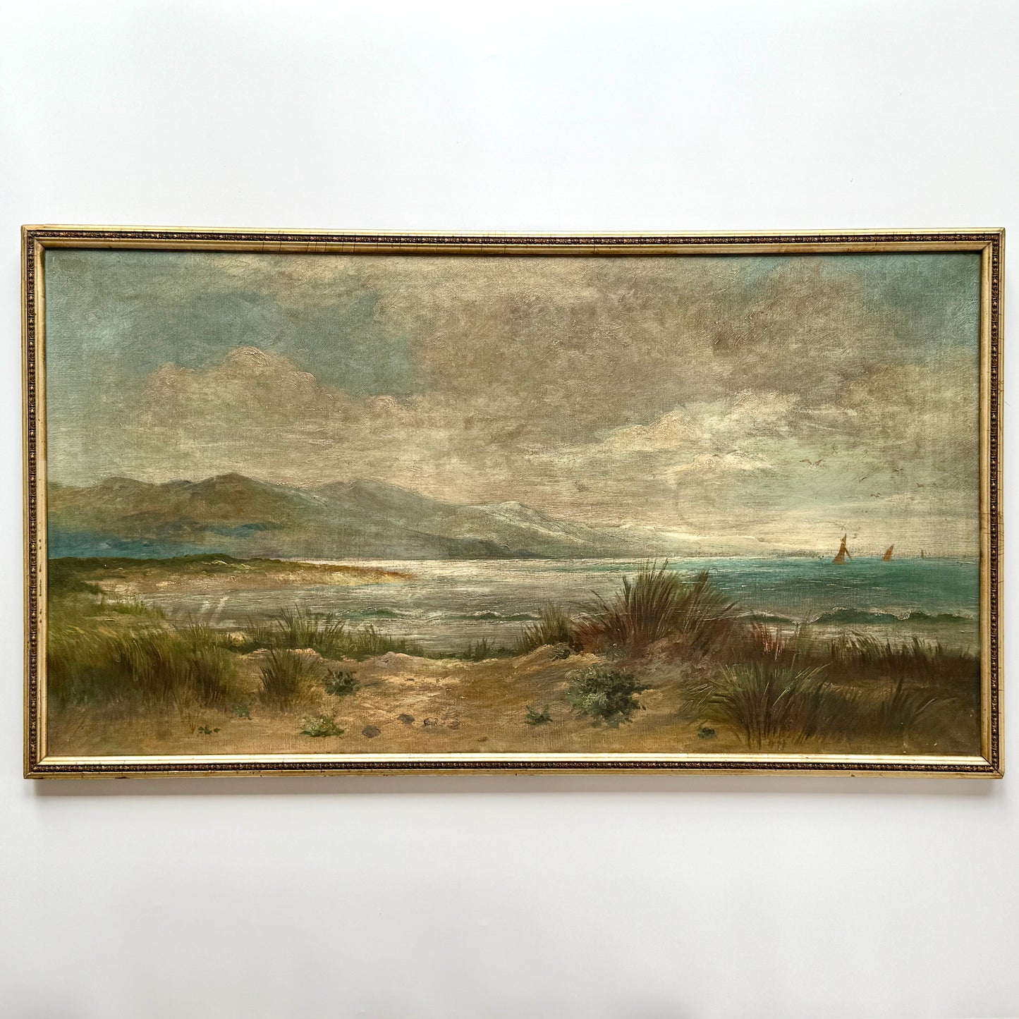 C. 1900 Coastal Beach Landscape with Sailboats Oil Painting in Gold Frame