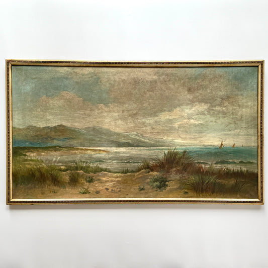 C. 1900 Coastal Beach Landscape with Sailboats Oil Painting in Gold Frame