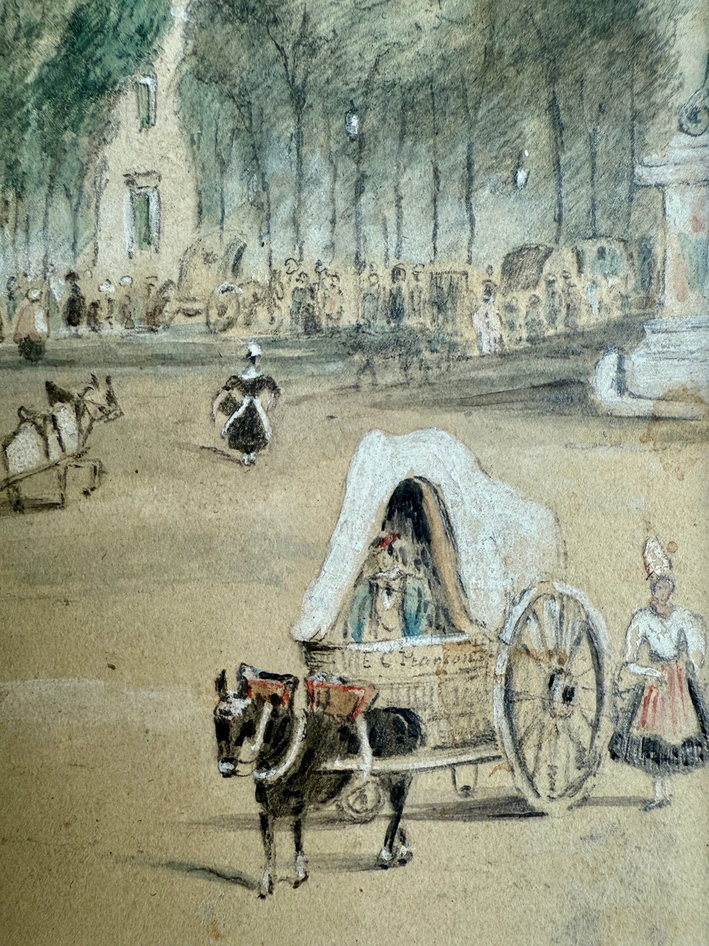 1833 French Street Scene Boulevard des Italiens Paris France Watercolor Painting in Gold Frame