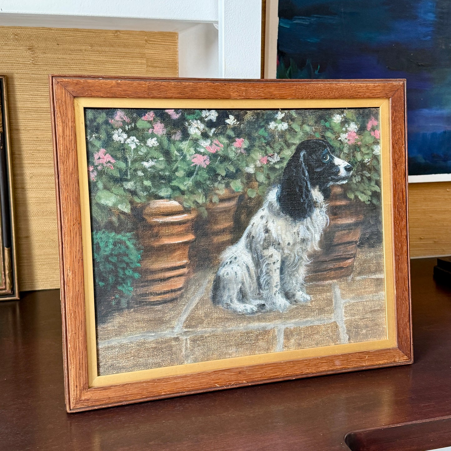 Springer Spaniel in the Garden Oil Painting Dog Portrait in Wood and Gilded Frame