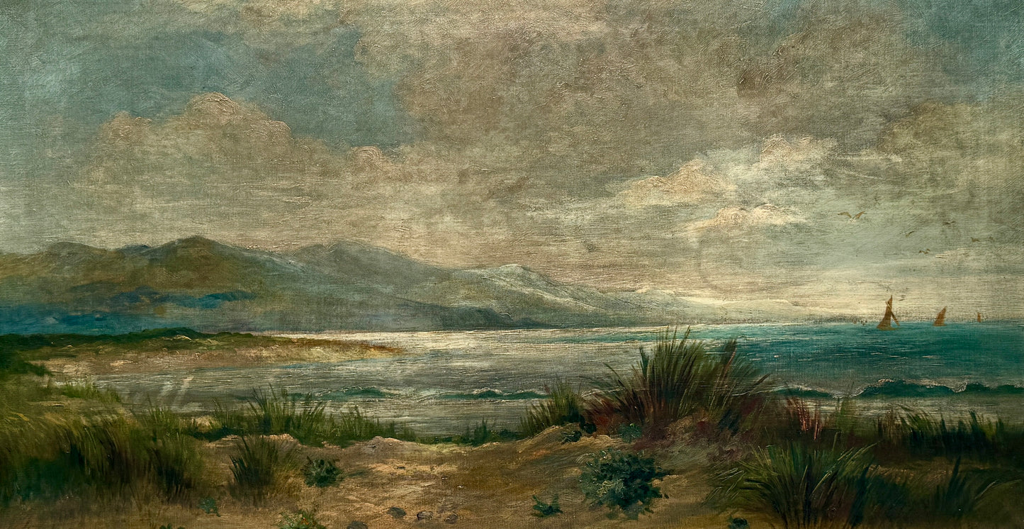 C. 1900 Coastal Beach Landscape with Sailboats Oil Painting in Gold Frame