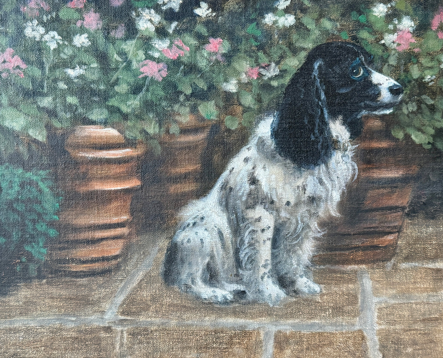 Springer Spaniel in the Garden Oil Painting Dog Portrait in Wood and Gilded Frame