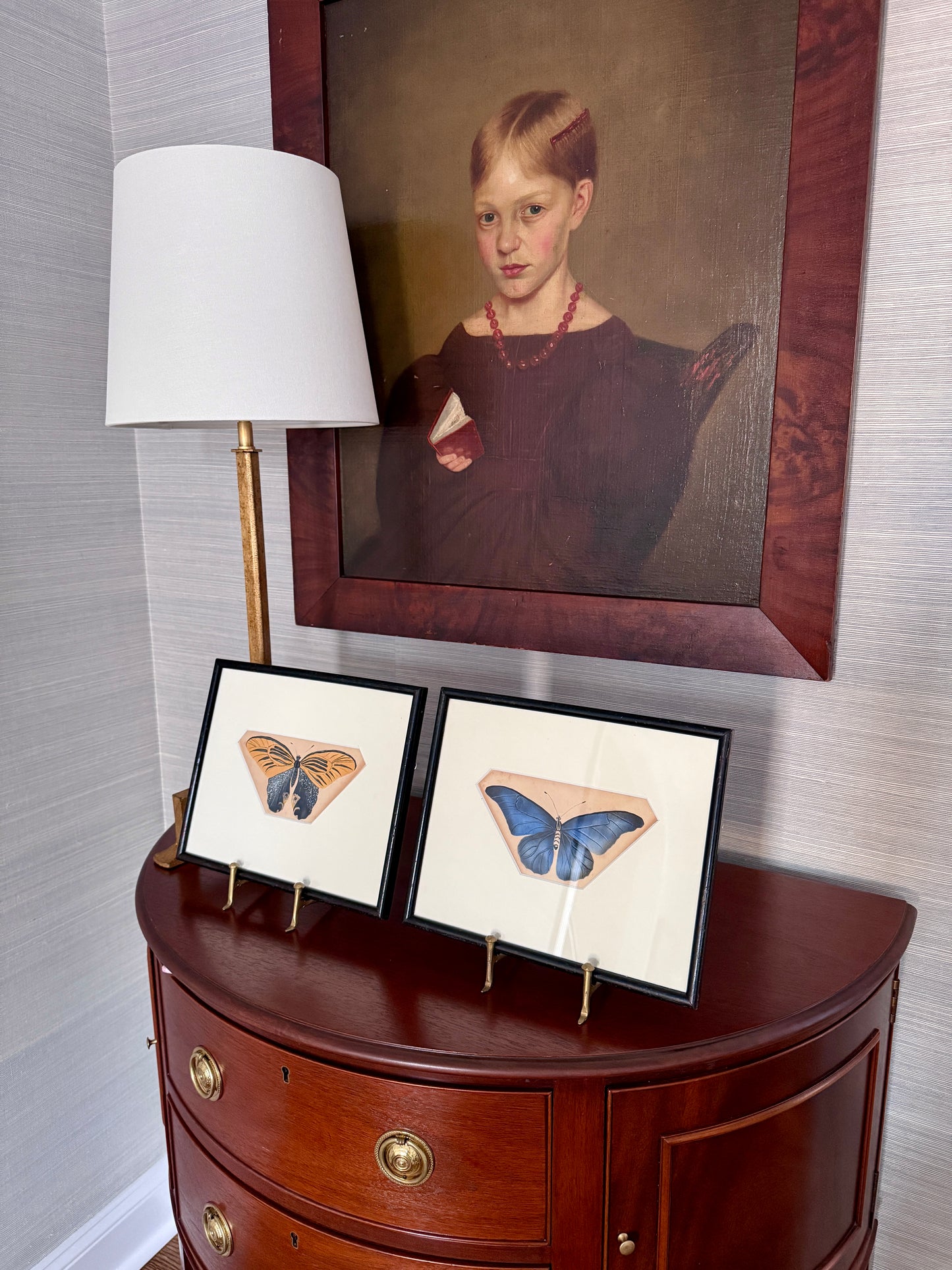 Pair of 19th Century Intricate Watercolor Butterfly Portraits in Black Frames