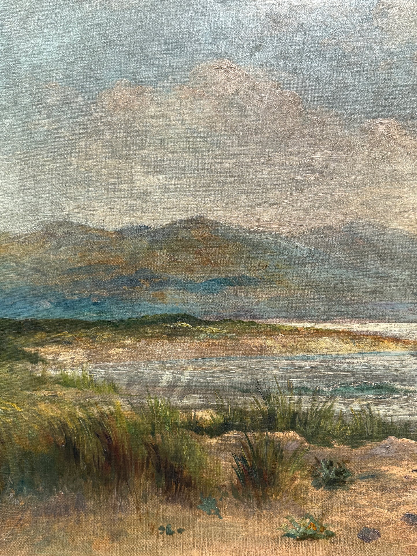 C. 1900 Coastal Beach Landscape with Sailboats Oil Painting in Gold Frame