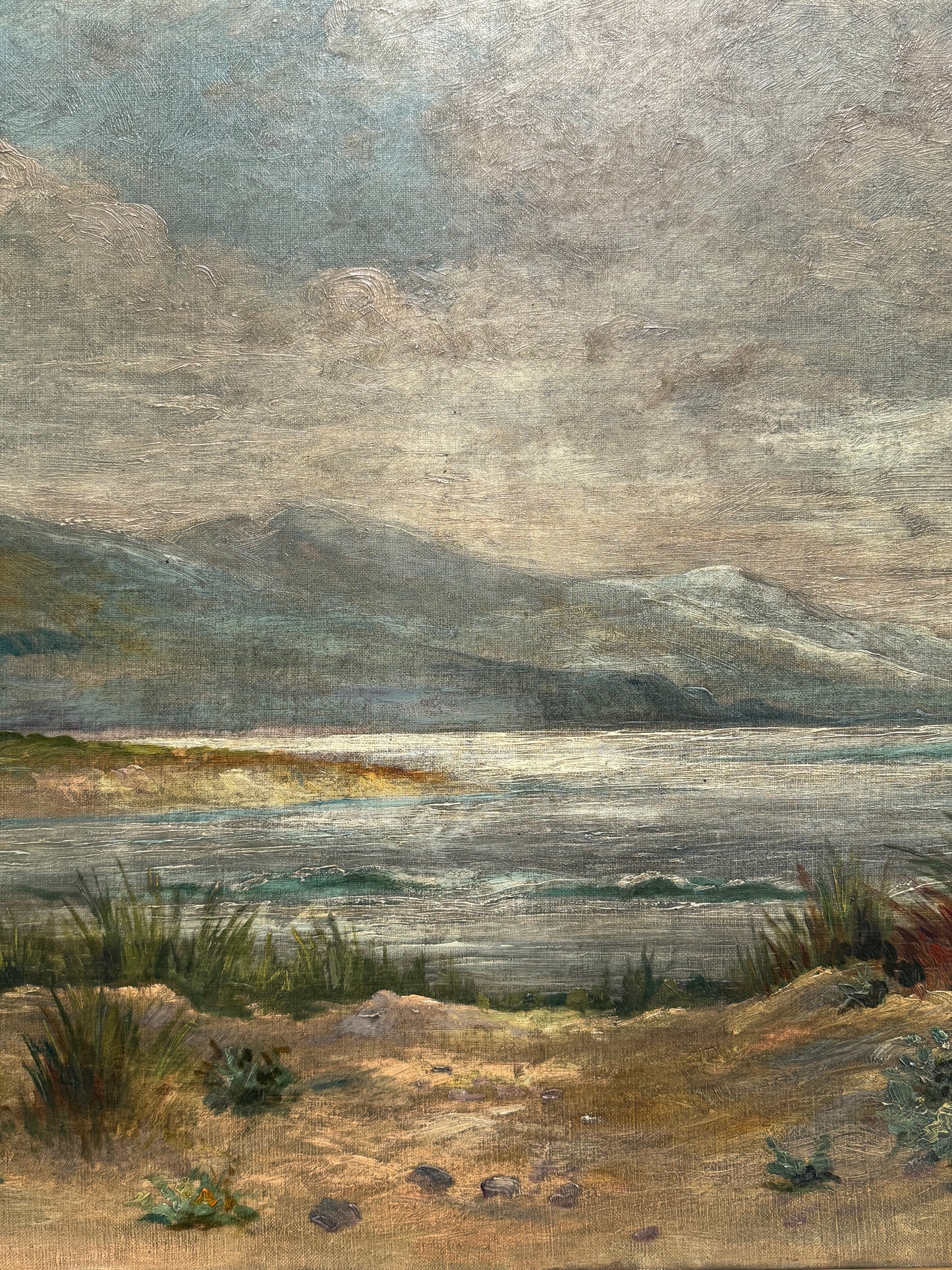 C. 1900 Coastal Beach Landscape with Sailboats Oil Painting in Gold Frame