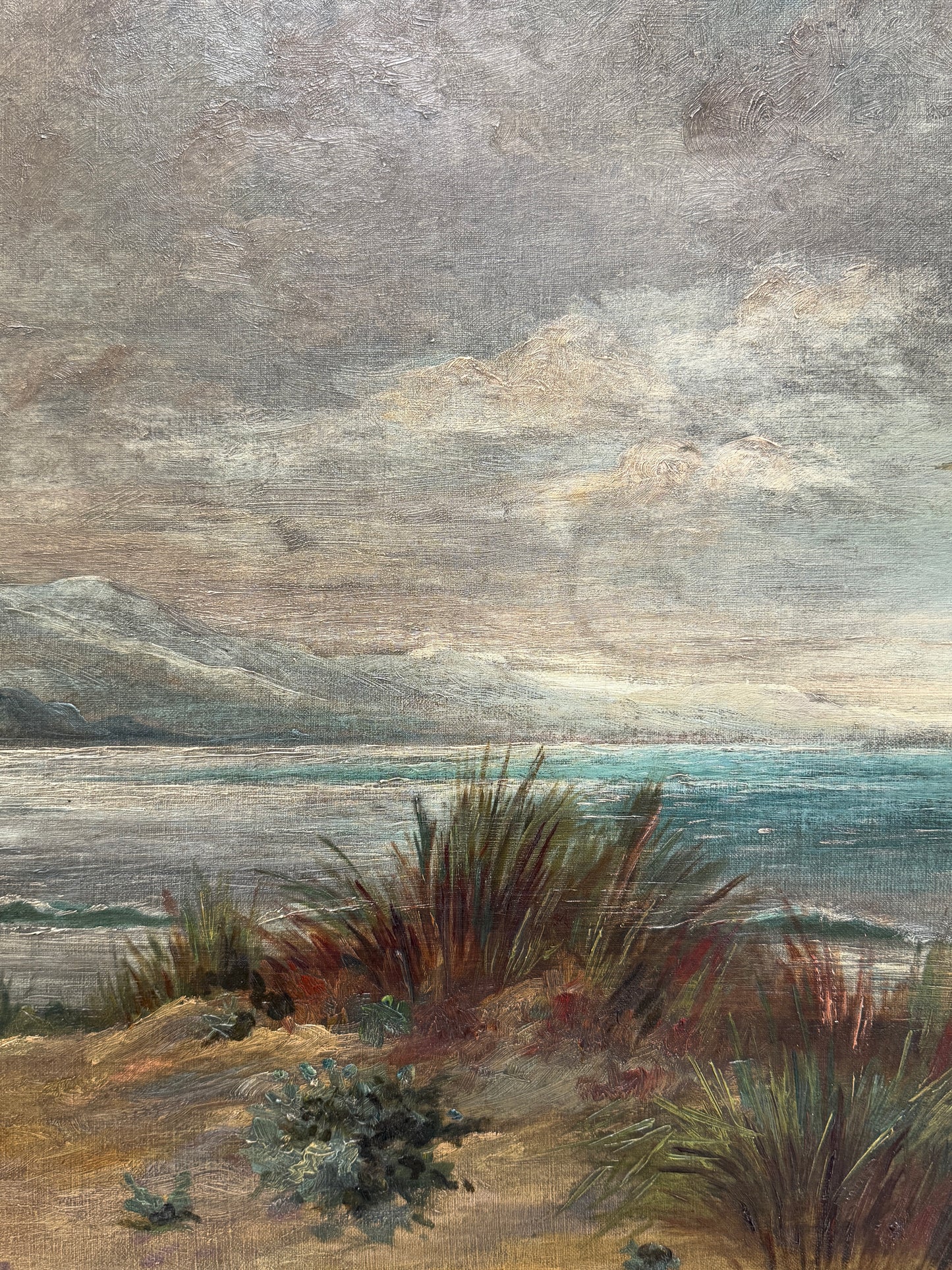 C. 1900 Coastal Beach Landscape with Sailboats Oil Painting in Gold Frame